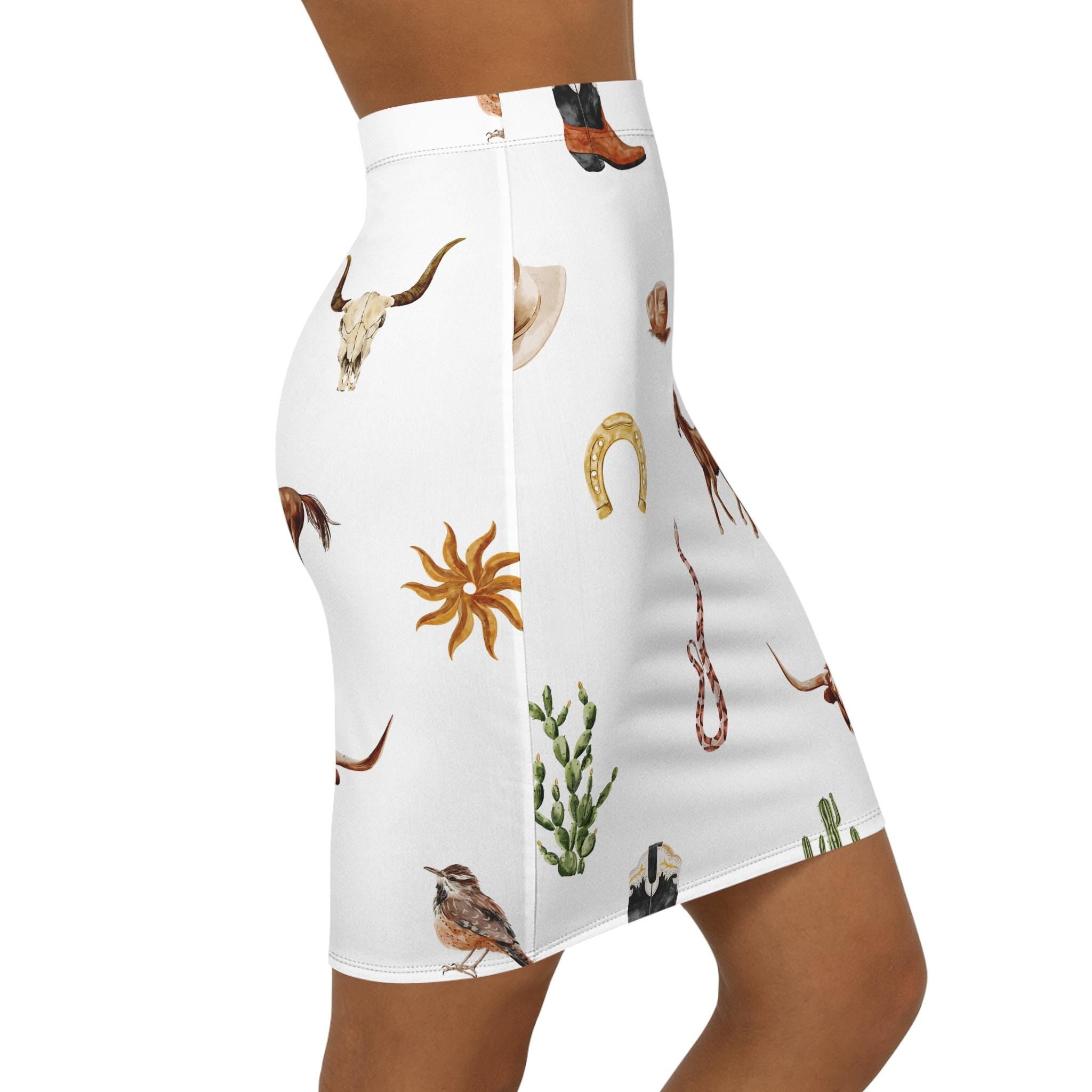 Western Pencil Skirt for Women Boho Cowgirl Summer Style with Horses Snakes & Cactus Western Outfit -Razels
