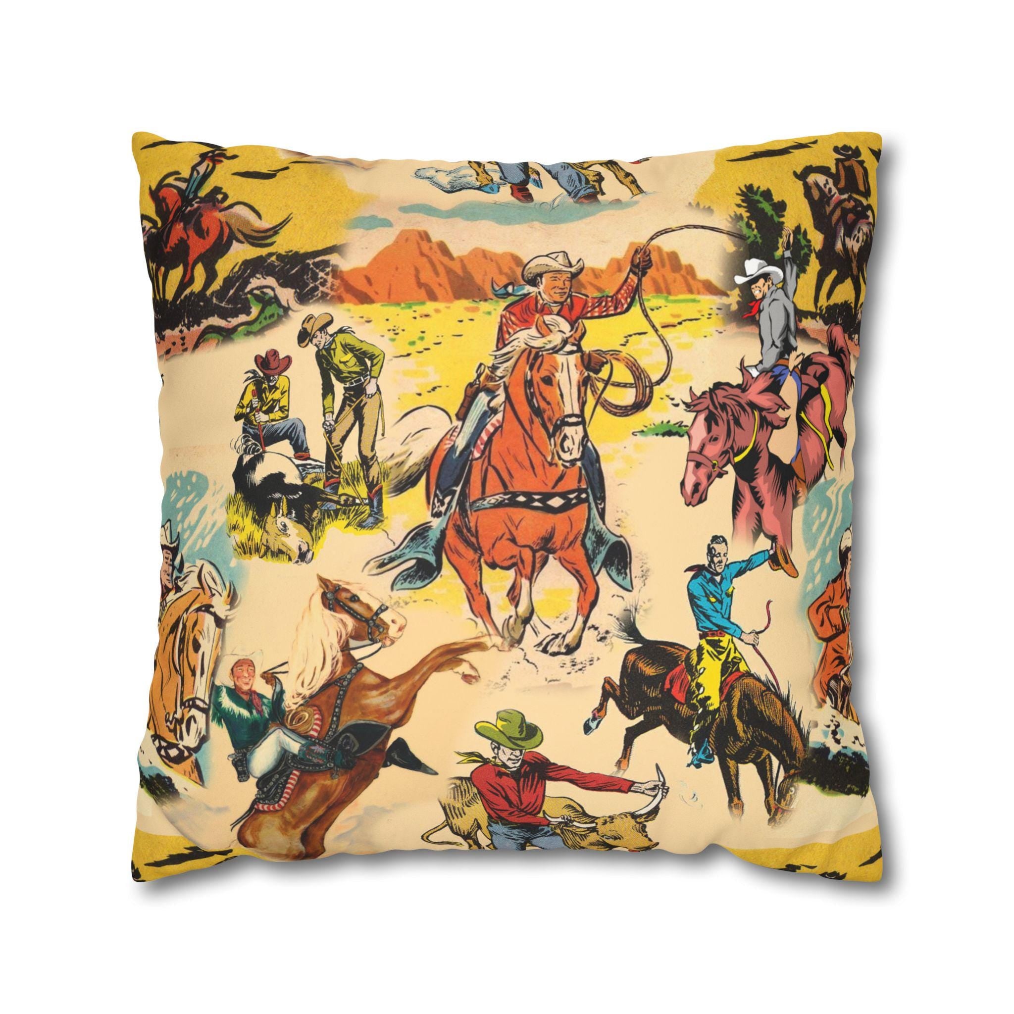 Vintage Cowboy Pillow Cover, Western Faux Suede Cushion Case, Rustic Cowboy Decor -Razels