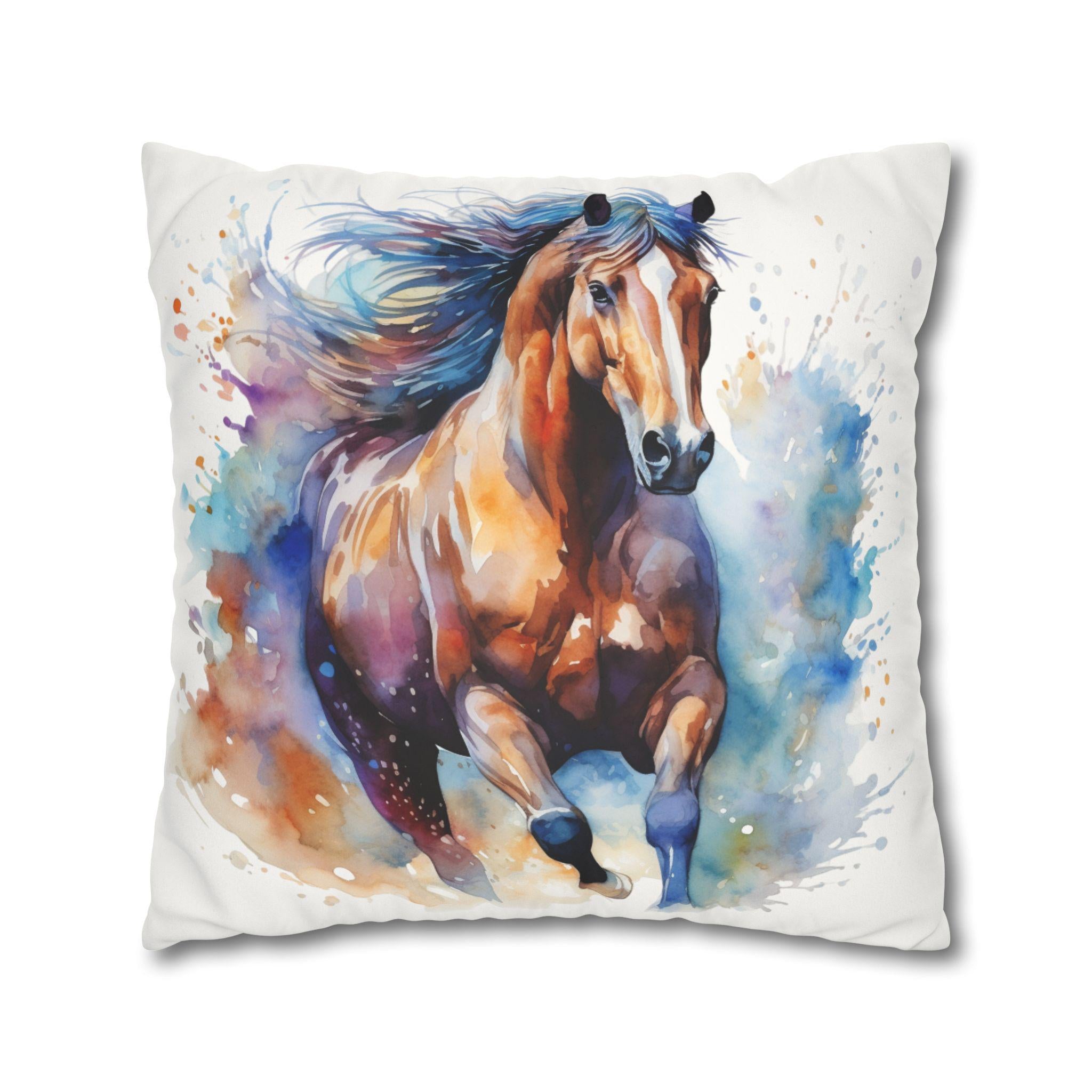 Watercolor Horse Pillow Cover, Faux Suede Equestrian Cushion Case, Horse Lover Gift, Horse Girl Room Decor -Razels