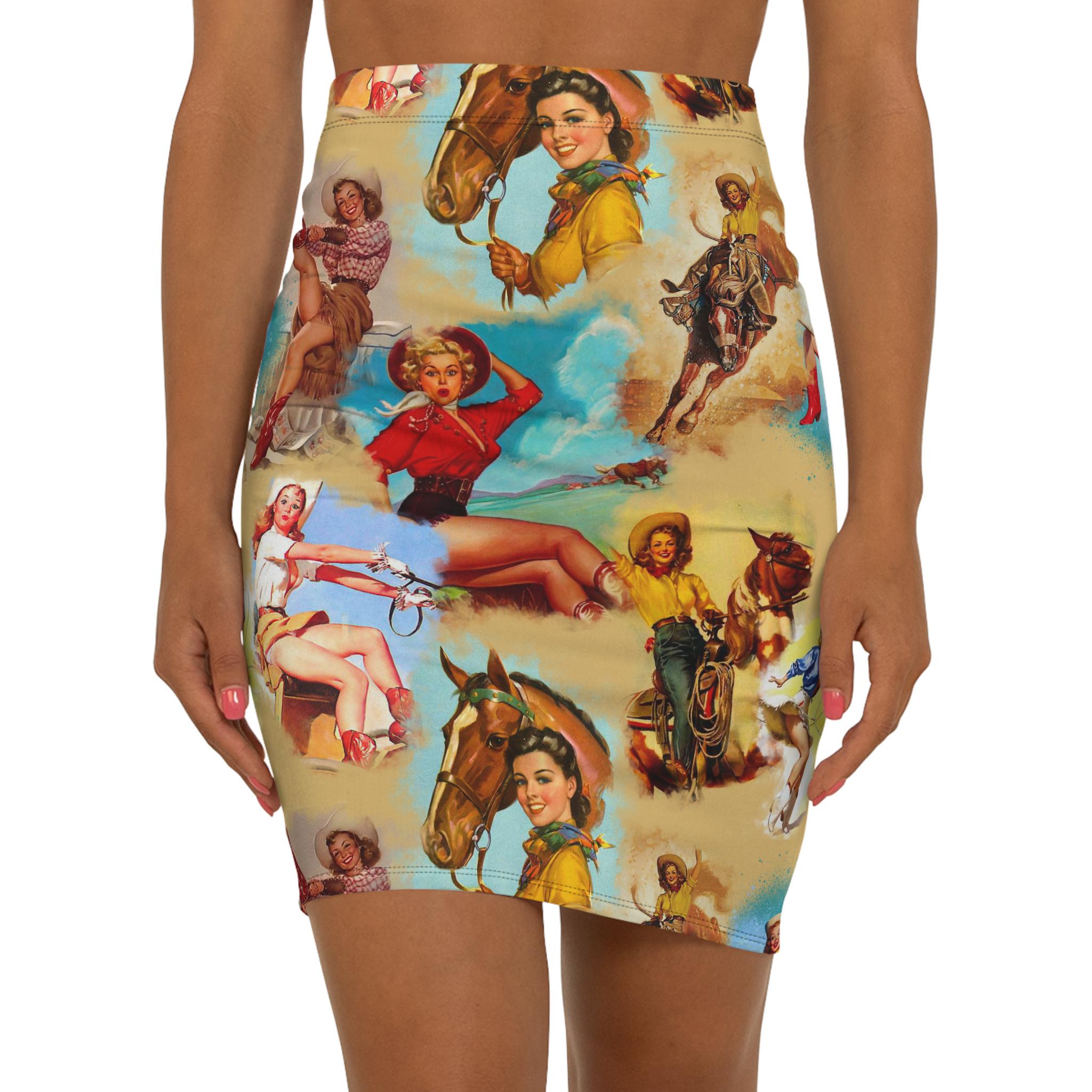 Vintage Cowgirl Mid-Waist Pencil Skirt, Retro Western Rodeo Skirt, Bold Country Concert Outfit for Women -Razels