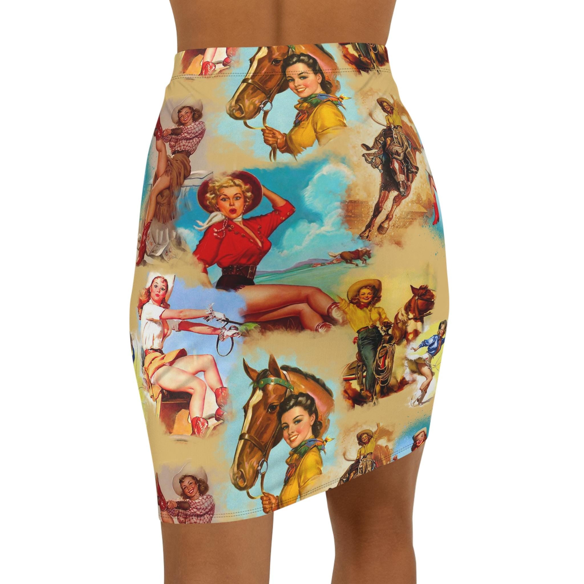 Vintage Cowgirl Mid-Waist Pencil Skirt, Retro Western Rodeo Skirt, Bold Country Concert Outfit for Women -Razels