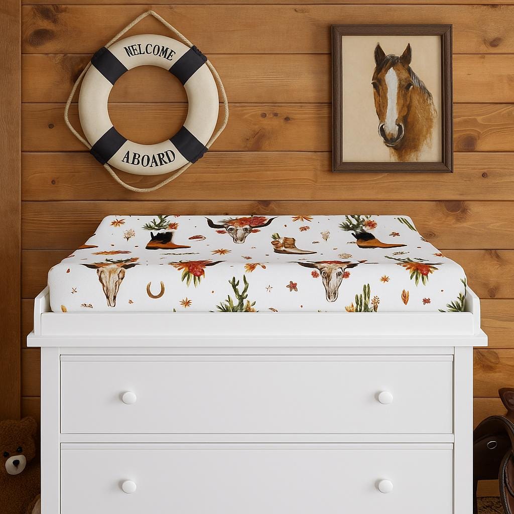 Western Boho Baby Changing Pad Cover, Floral Cowgirl Design with Cowboy Boots -Razels