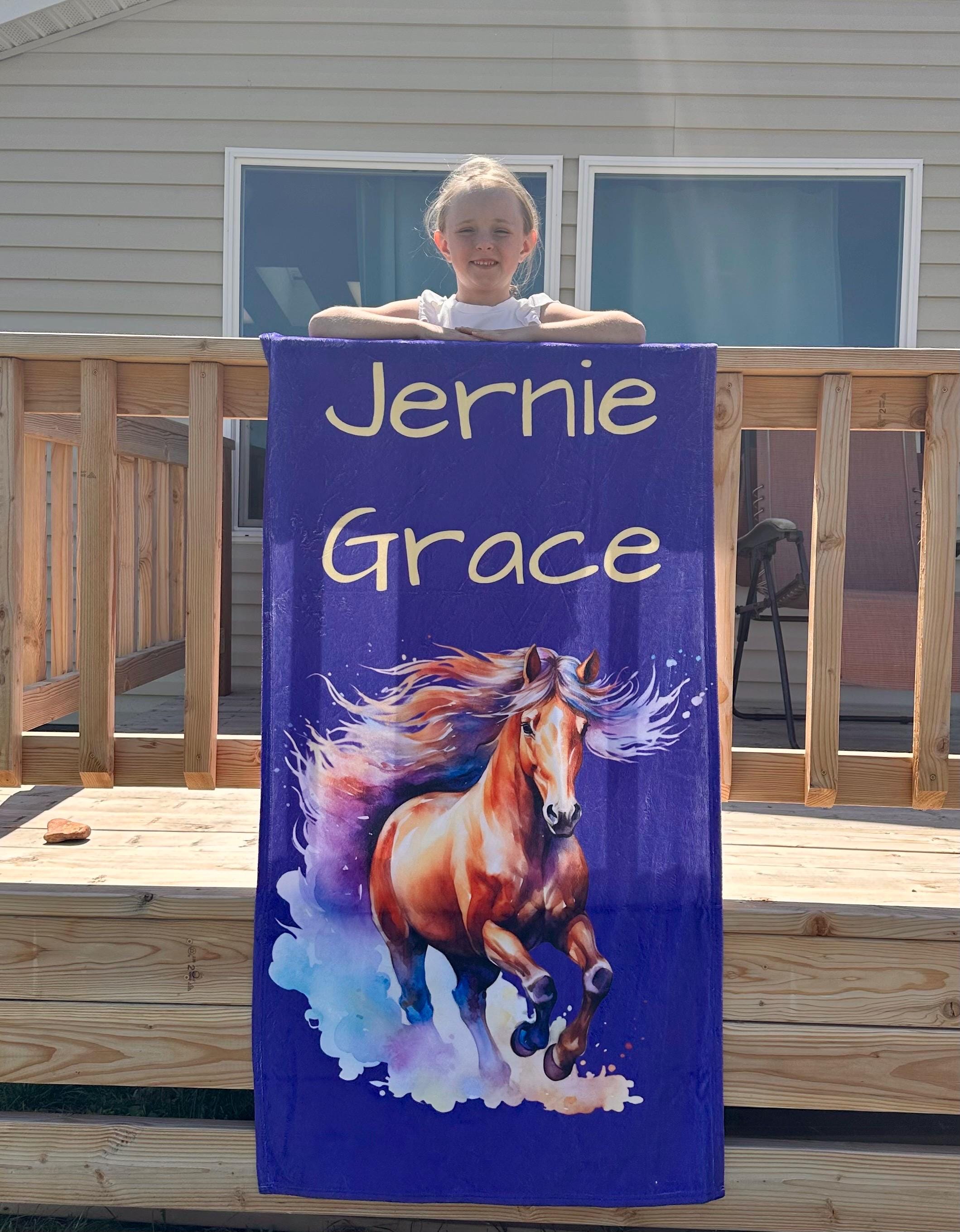 Personalized Horse Beach Towel ā Custom Name, Galloping Watercolor Horse -Razels