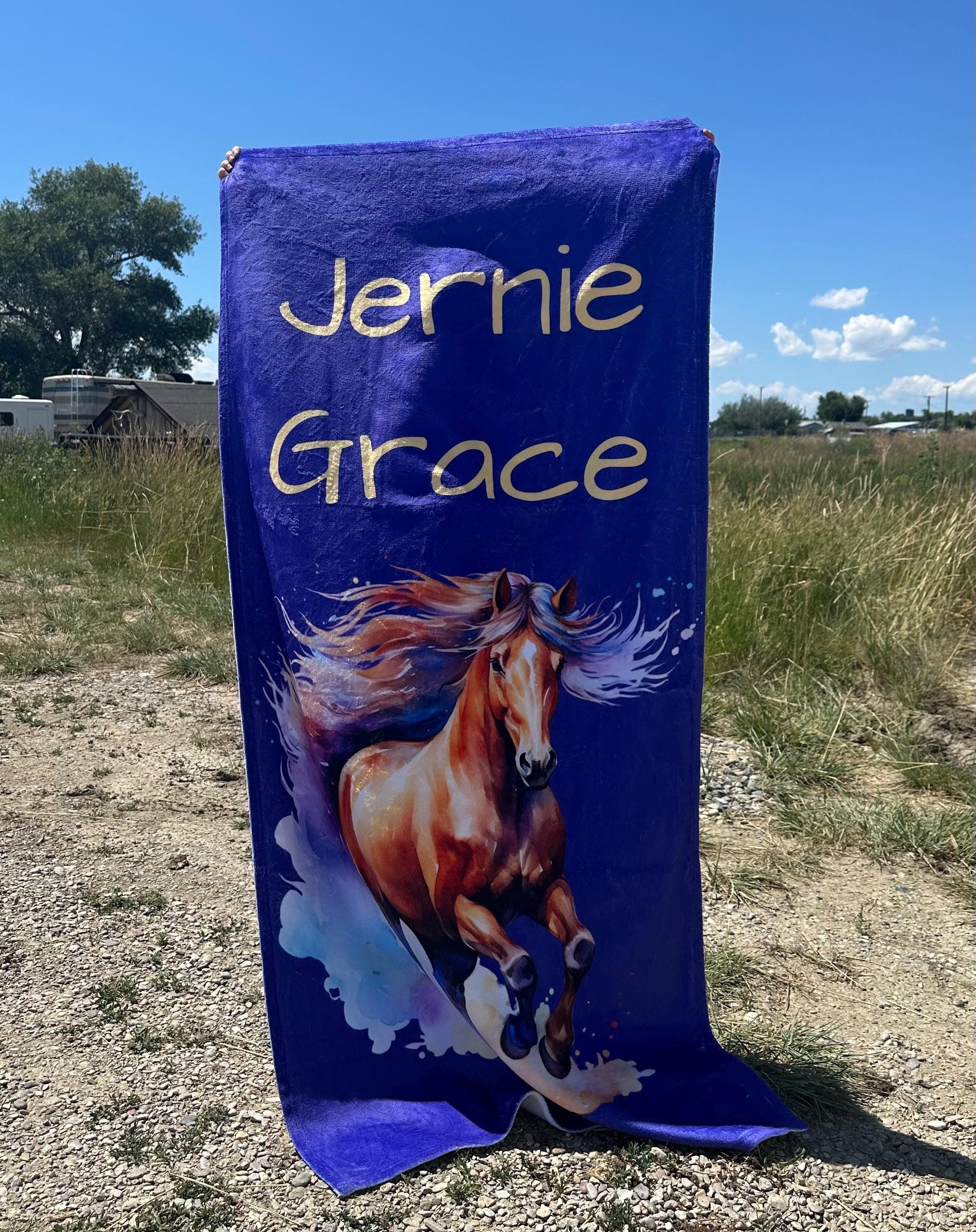 Personalized Horse Beach Towel โ Custom Name, Galloping Watercolor Horse -Razels