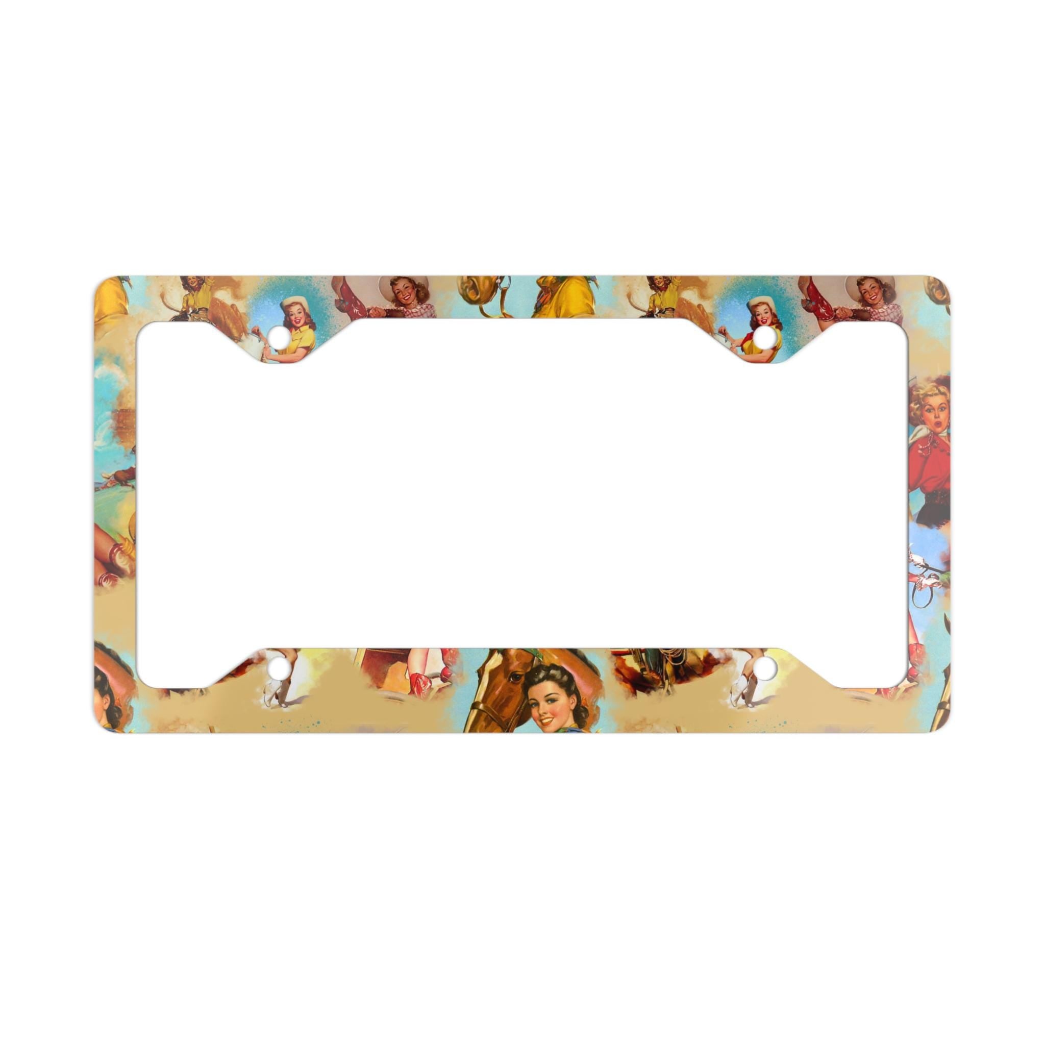 Vintage Cowgirl License Plate Frame: Retro Western Car Decor