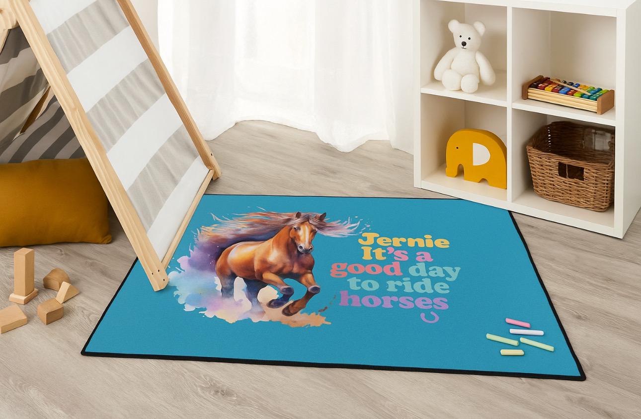 Personalized Horse Lover Floor Mat - Custom Name Turquoise Barn Doormat, Kids Room Rug -Razels