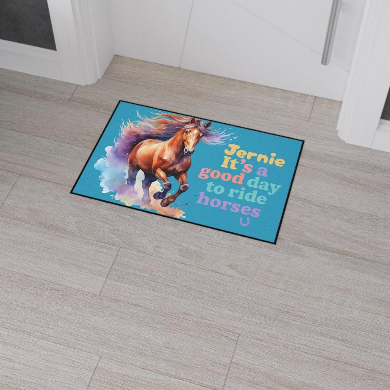 Personalized Horse Lover Floor Mat - Custom Name Turquoise Barn Doormat, Kids Room Rug -Razels