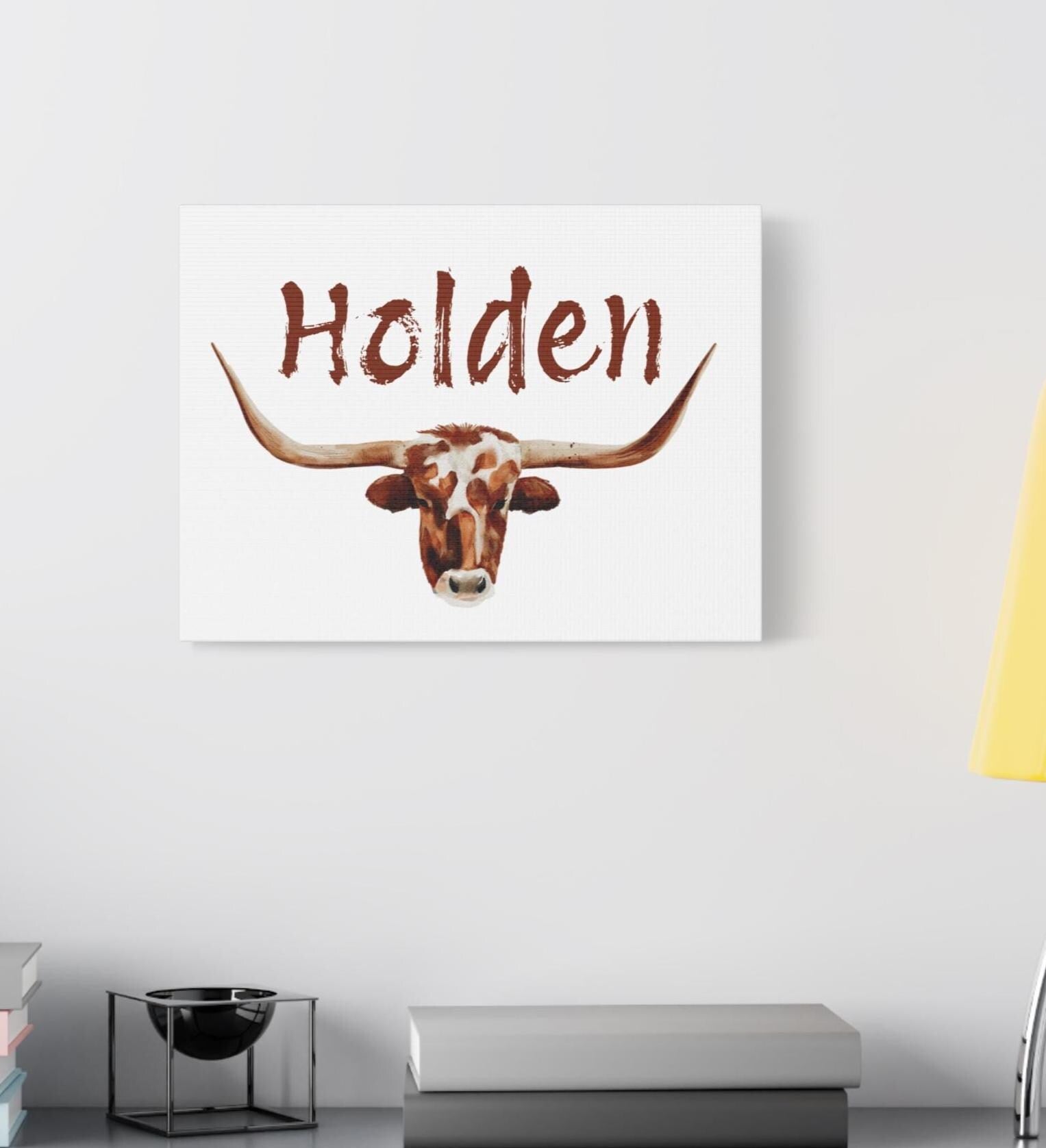 Personalized Watercolor Longhorn Canvas Wall Art, Cowboy Name Print, Boys Room Decor, Western Nursery Art, Rustic Texas Longhorn -Razels