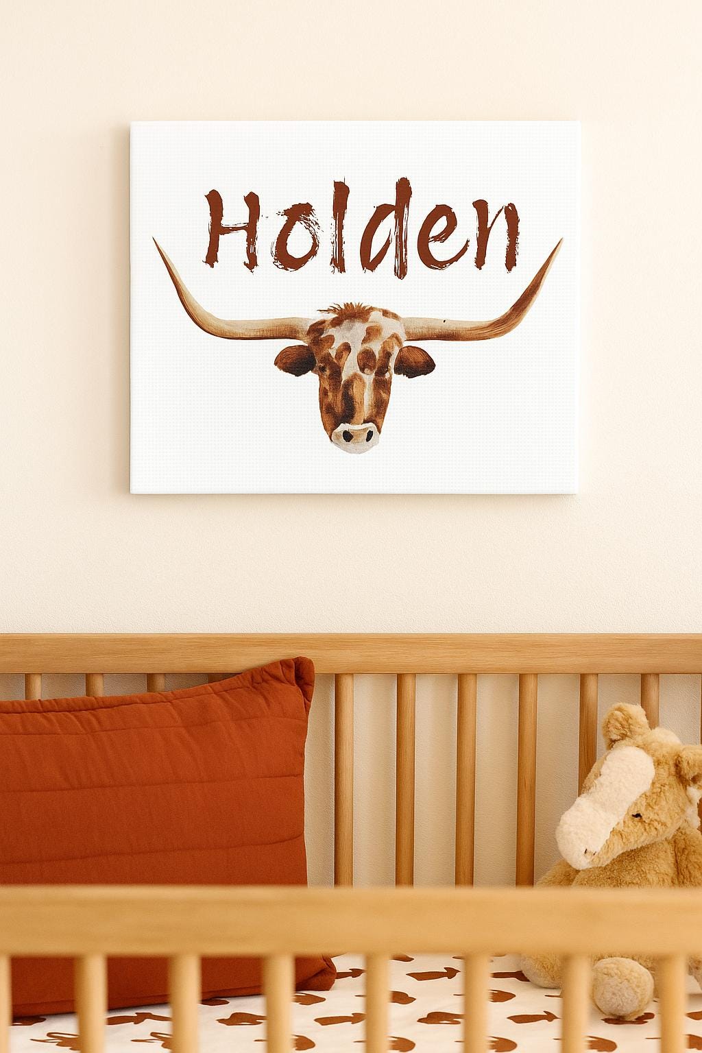 Personalized Watercolor Longhorn Canvas Wall Art, Cowboy Name Print, Boys Room Decor, Western Nursery Art, Rustic Texas Longhorn -Razels