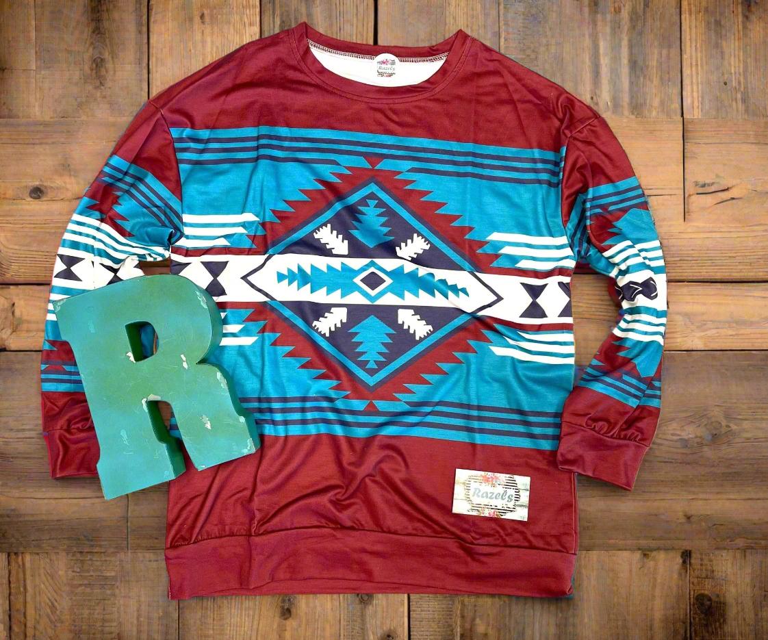 Small Maroon Aztec Sweatshirt, Lightweight Western Cowgirl Top -Razels