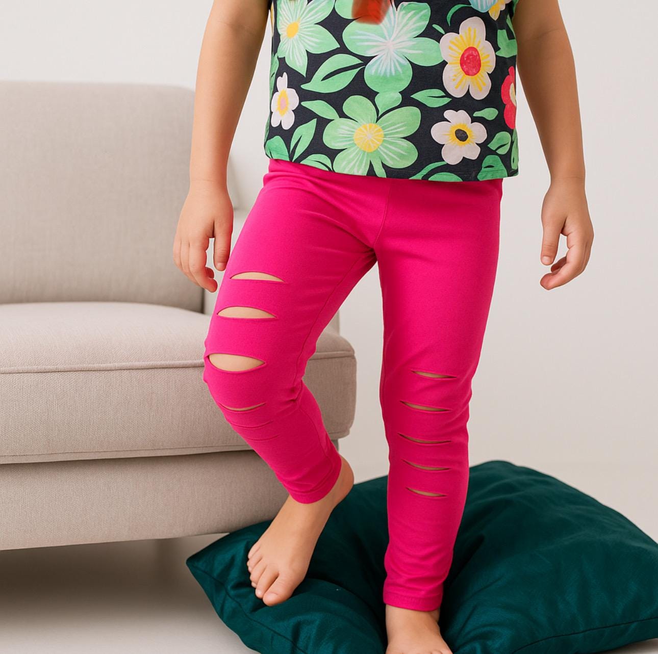 Toddler Girls Ripped Leggings Size 4 5, Hot Pink Distressed Pants -Razels