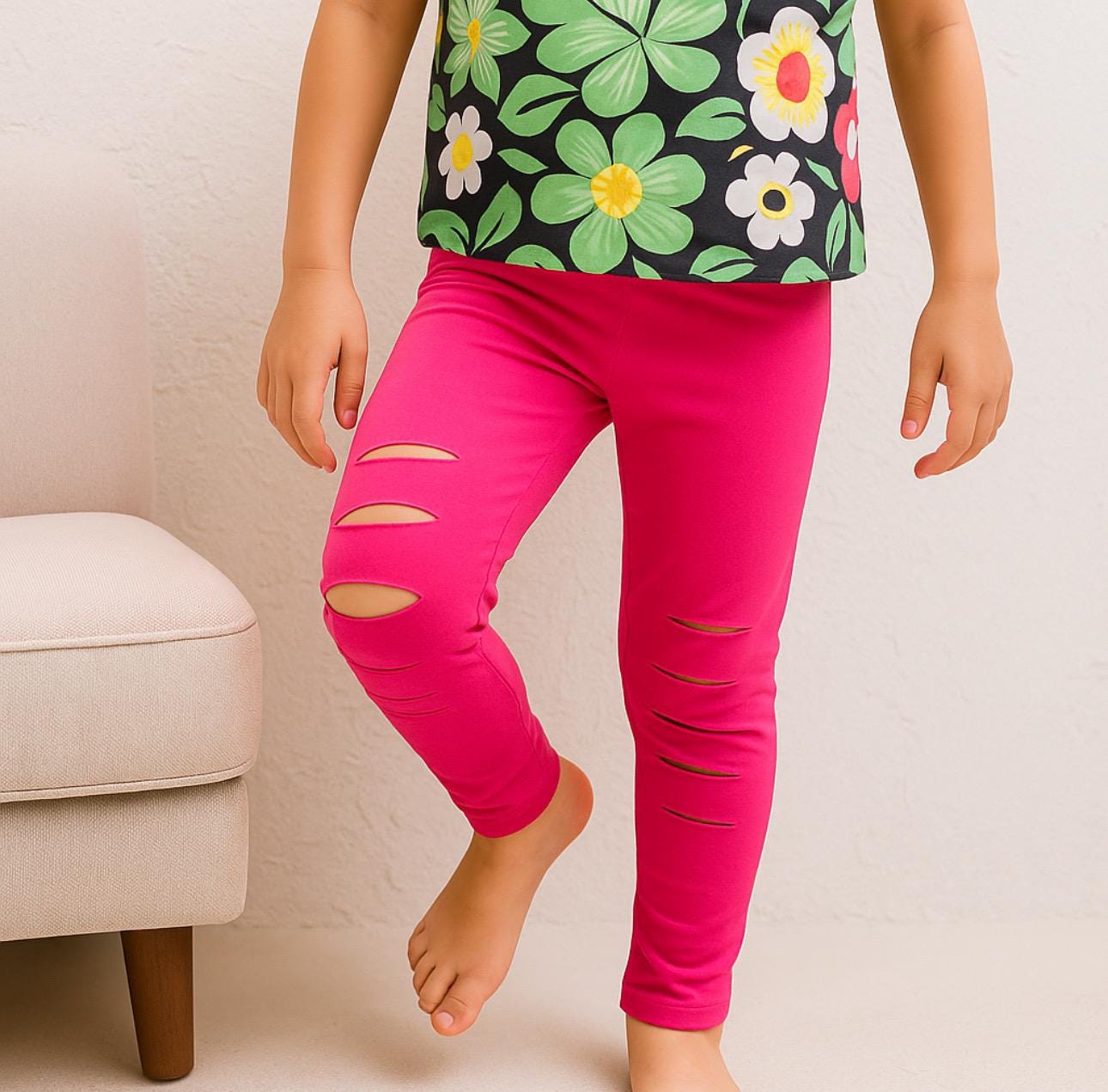 Toddler Girls Ripped Leggings Size 4 5, Hot Pink Distressed Pants -Razels