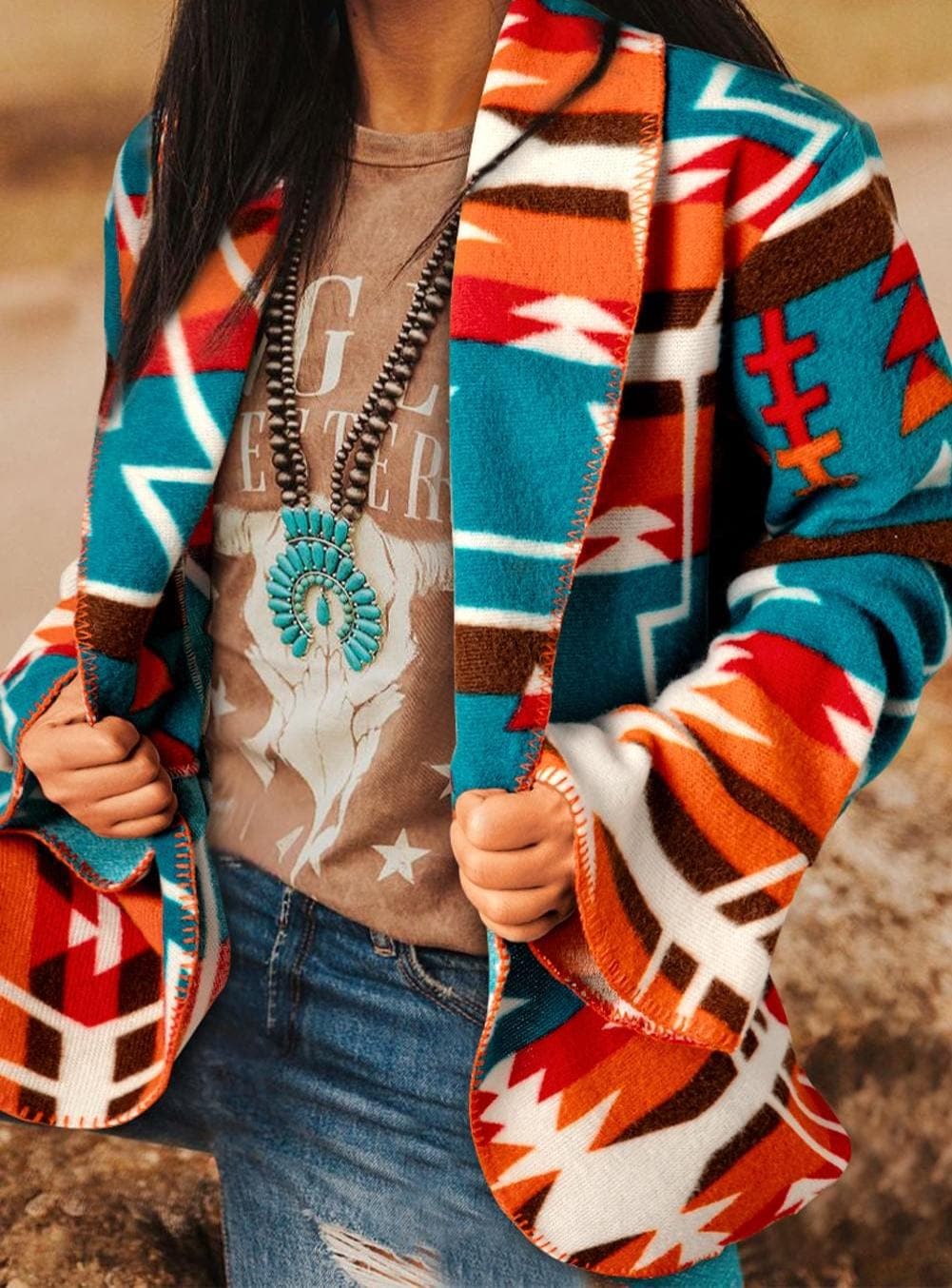Southwestern Aztec Jacket | Tribal Cardigan | Western Blazer | Lightweight Spring Cardigan
✓ Lightweight and soft — ideal for spring and cool summer nights
✓ Bright whipstitch trim + bold tribal print = total showstopper
✓ Bell sleeves add a laid-back boho flair
✓ Pairs effortlessly with jeans and boots for an easy cowgirl outfit
✓ Open front design makes it a breeze to layer over tees or tanks