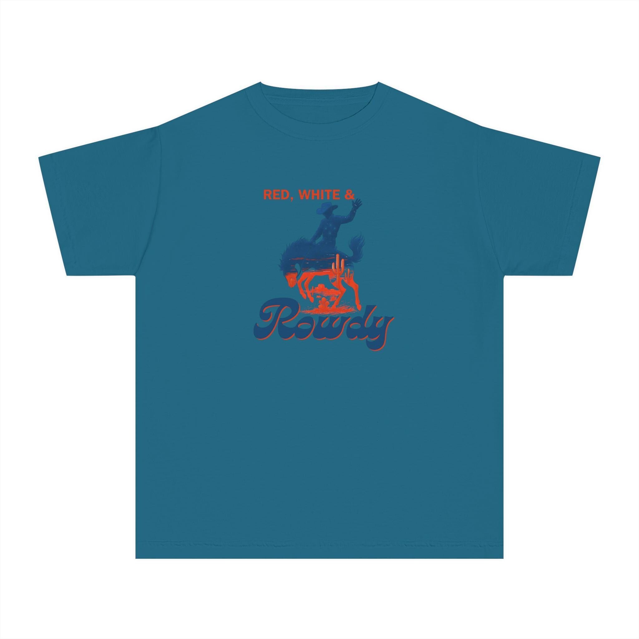 Kids Red, White & Rowdy Tee Let your little firecracker ride into summer with this Red, White & Rowdy tee! Featuring a bold cowboy on a bucking horse and a star-spangled color scheme, this shirt is a must for any wild-at-heart kiddo this 4th of July. ✓ 100% combed ring-spun cotton for a soft, smooth feel ✓ Garment-dyed for that vintage, lived-in texture ✓ Double-needle topstitching = extra durability ✓ Neck and shoulder tape helps keep its shape