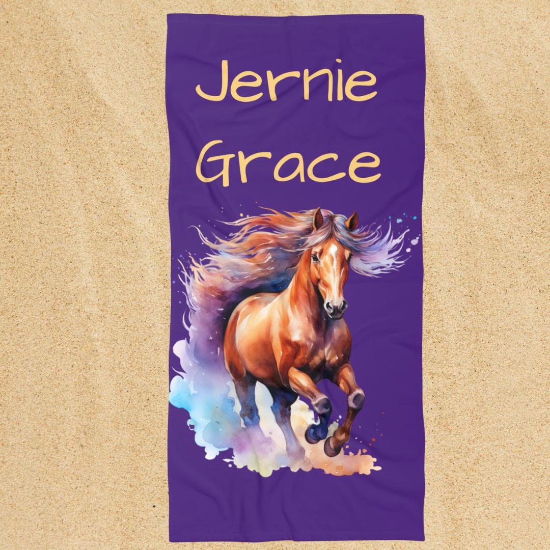 Personalized Horse Beach Towel โ Custom Name, Galloping Watercolor Horse -Razels