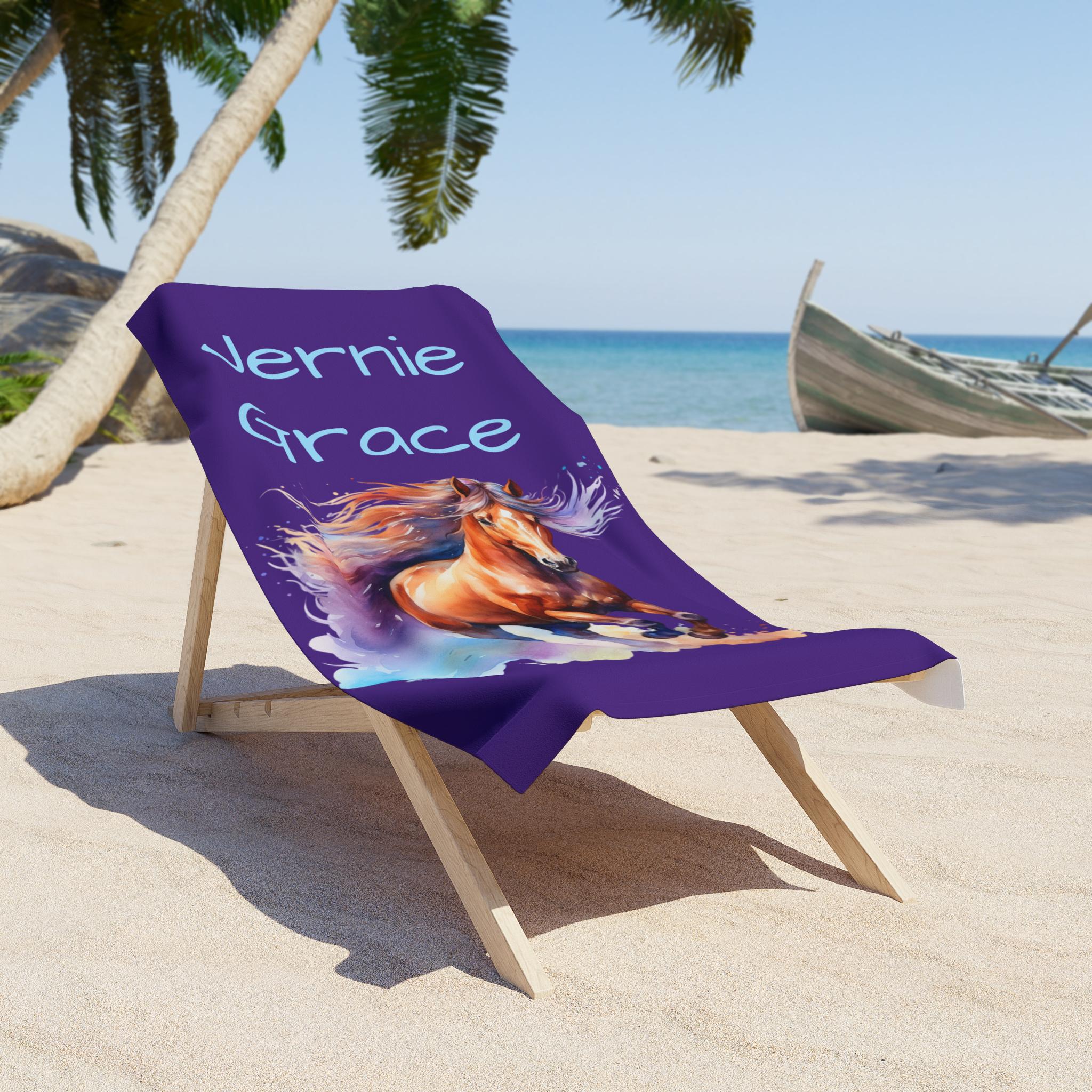 Personalized Horse Beach Towel โ Custom Name, Galloping Watercolor Horse -Razels