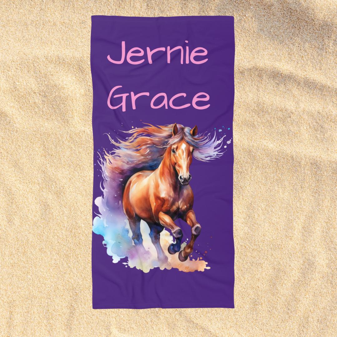 Personalized Horse Beach Towel โ Custom Name, Galloping Watercolor Horse -Razels