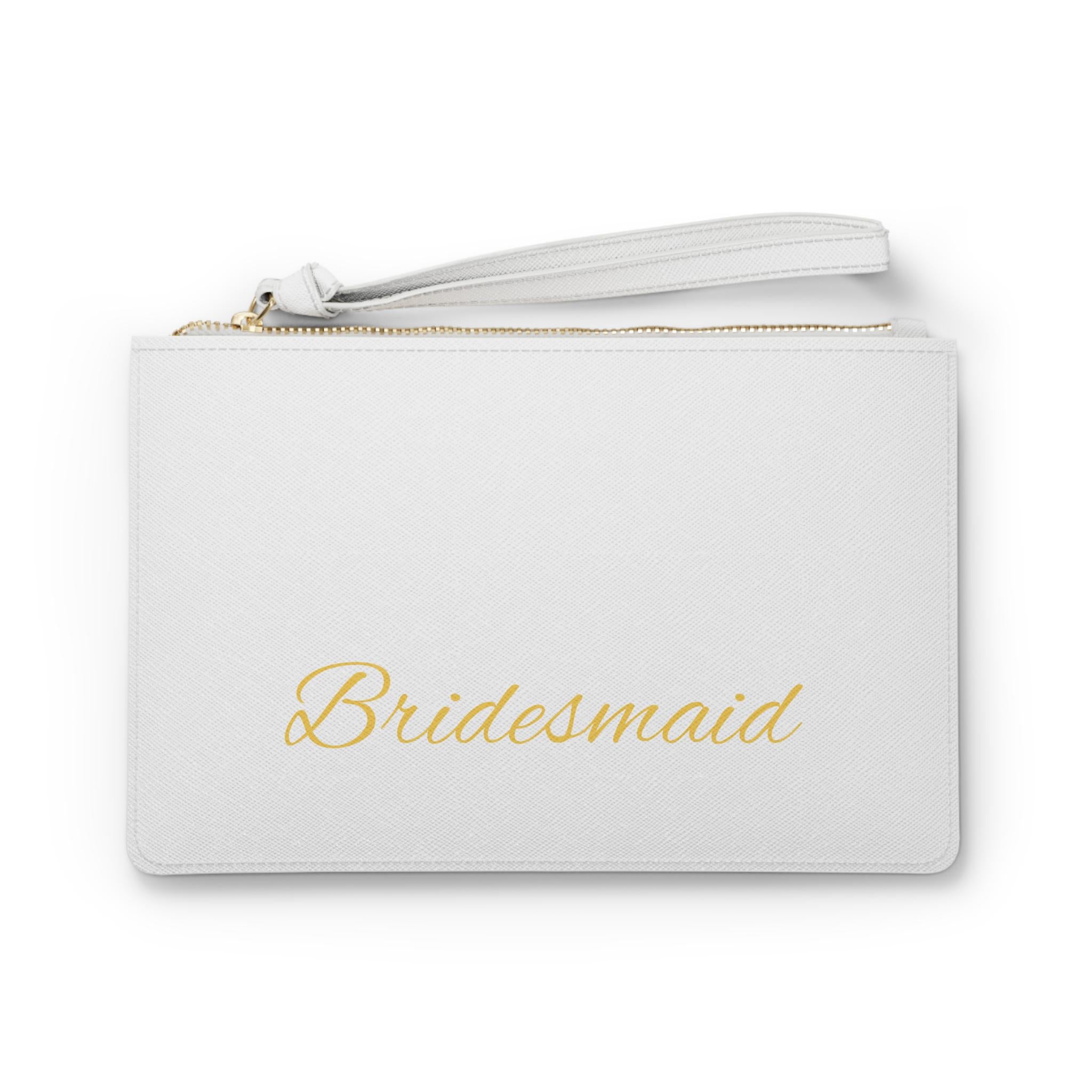 Personalized Bridesmaid Clutch: White & Gold Saffiano Leather with Wrist Strap -Razels