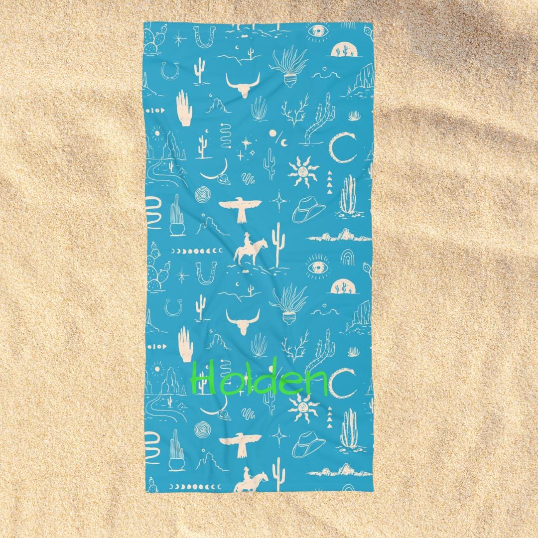 Personalized Kids Cowboy or Cowgirl Towel Turquoise Western Beach & Bath Towel Custom Name Gift for Little Rodeo Fans -Razels