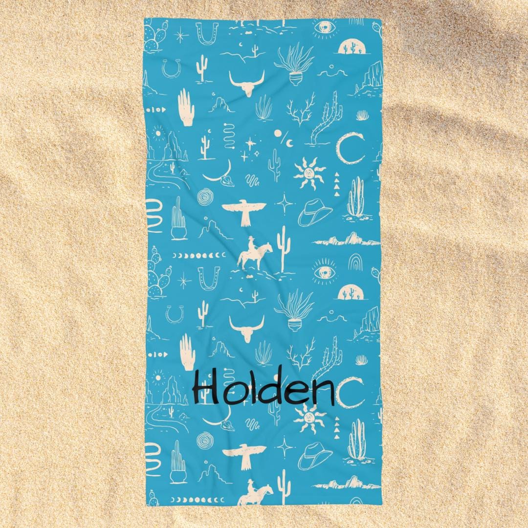 Personalized Kids Cowboy or Cowgirl Towel Turquoise Western Beach & Bath Towel Custom Name Gift for Little Rodeo Fans -Razels