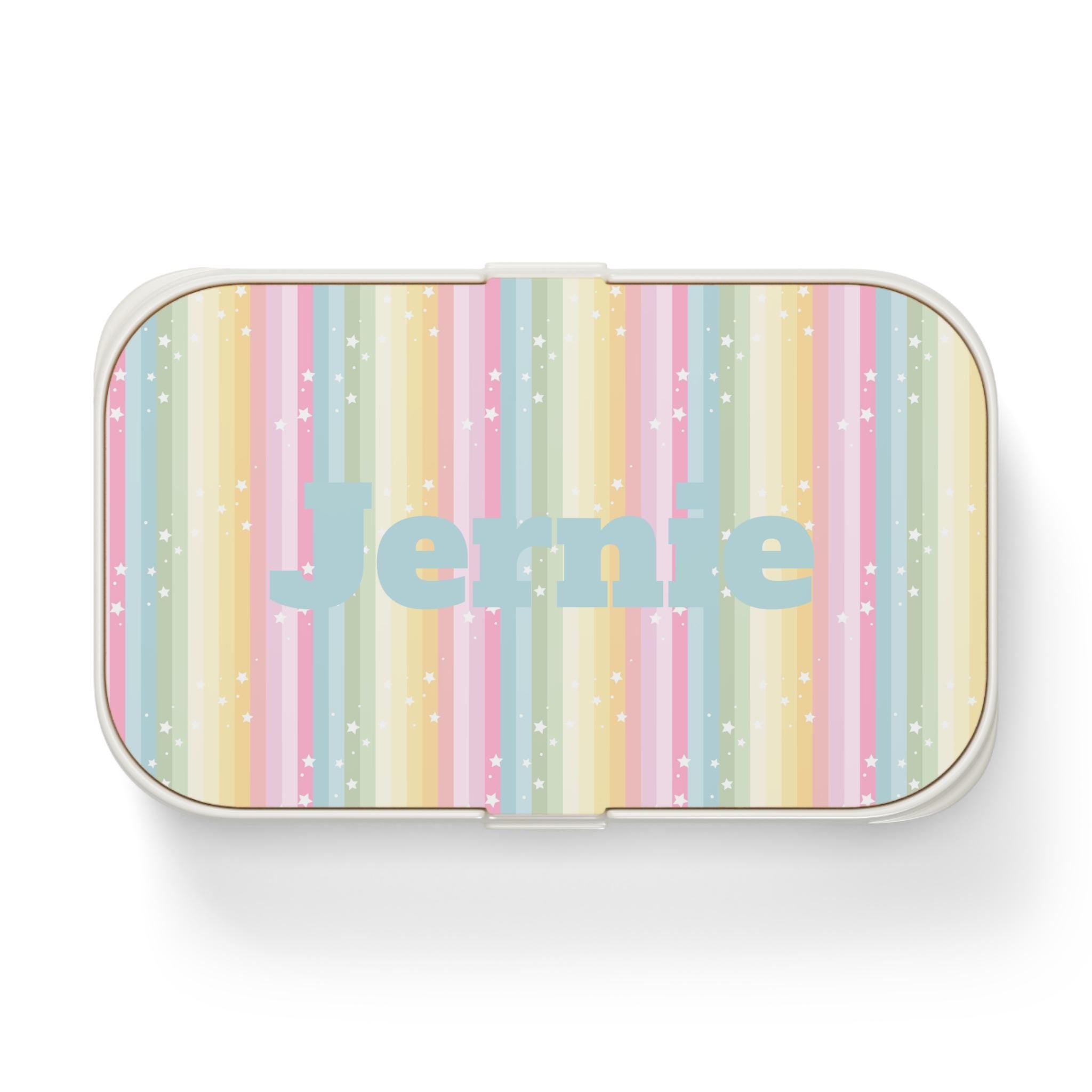 Personalized Rainbow Striped Bento Box with Stars, Customizable Lunch Container -Razels