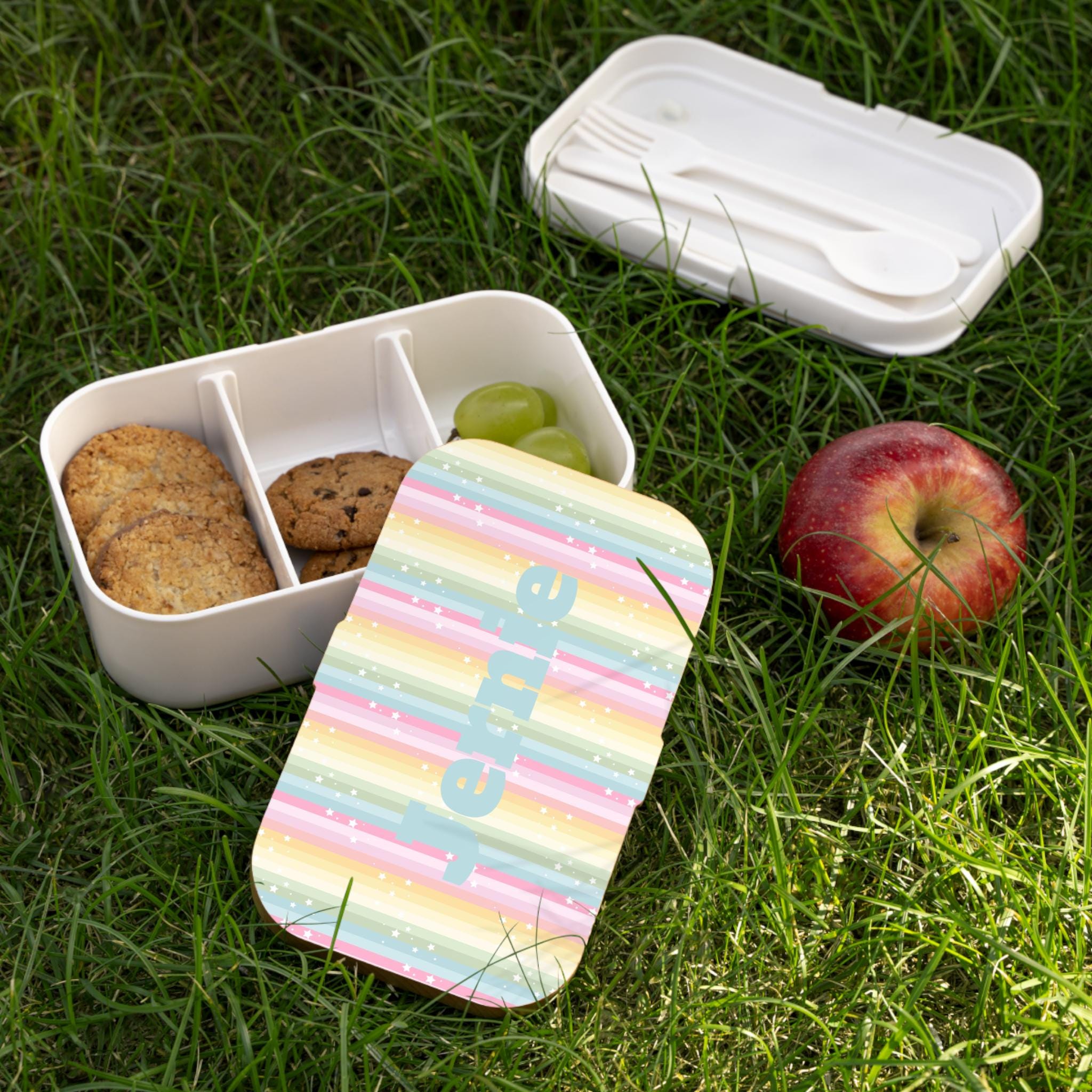 Personalized Rainbow Striped Bento Box with Stars, Customizable Lunch Container -Razels