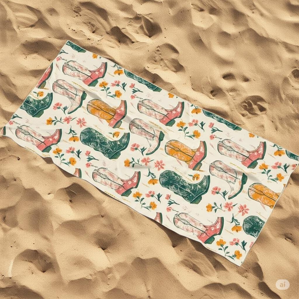 Cowgirl Boots Beach Towel: Floral Western Vibes - 30" x 60"