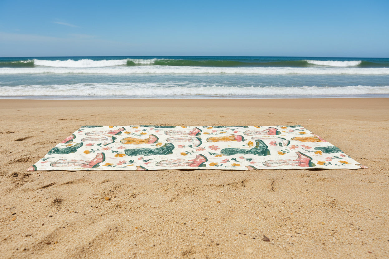 Cowgirl Boots Beach Towel: Floral Western Vibes - 30" x 60"