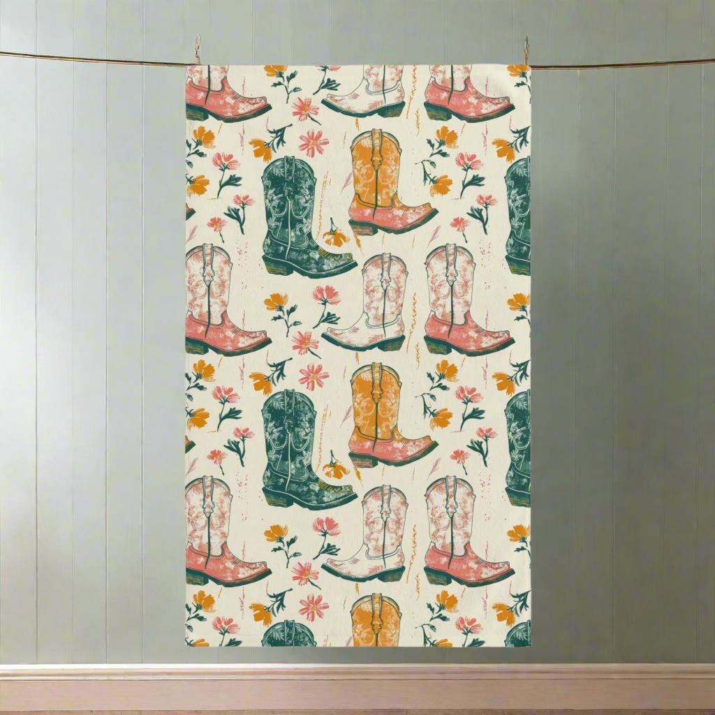 Cowgirl Boots Hand Towel: Western Floral Farmhouse Kitchen Decor