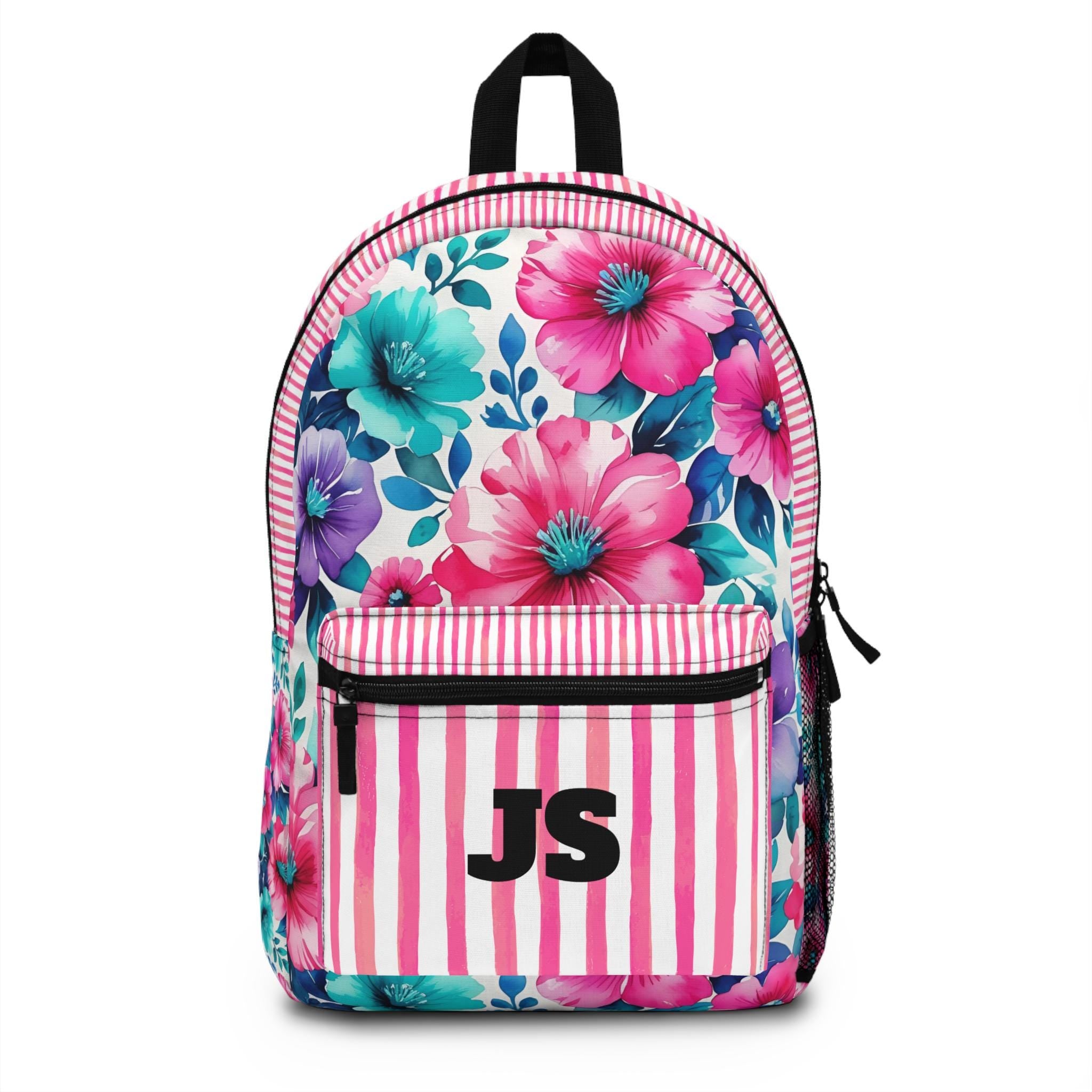 Floral Monogram Backpack, Girls School Backpack, Flowers and Stripes Bag, Kids Name Bag, Personalized School Backpack
