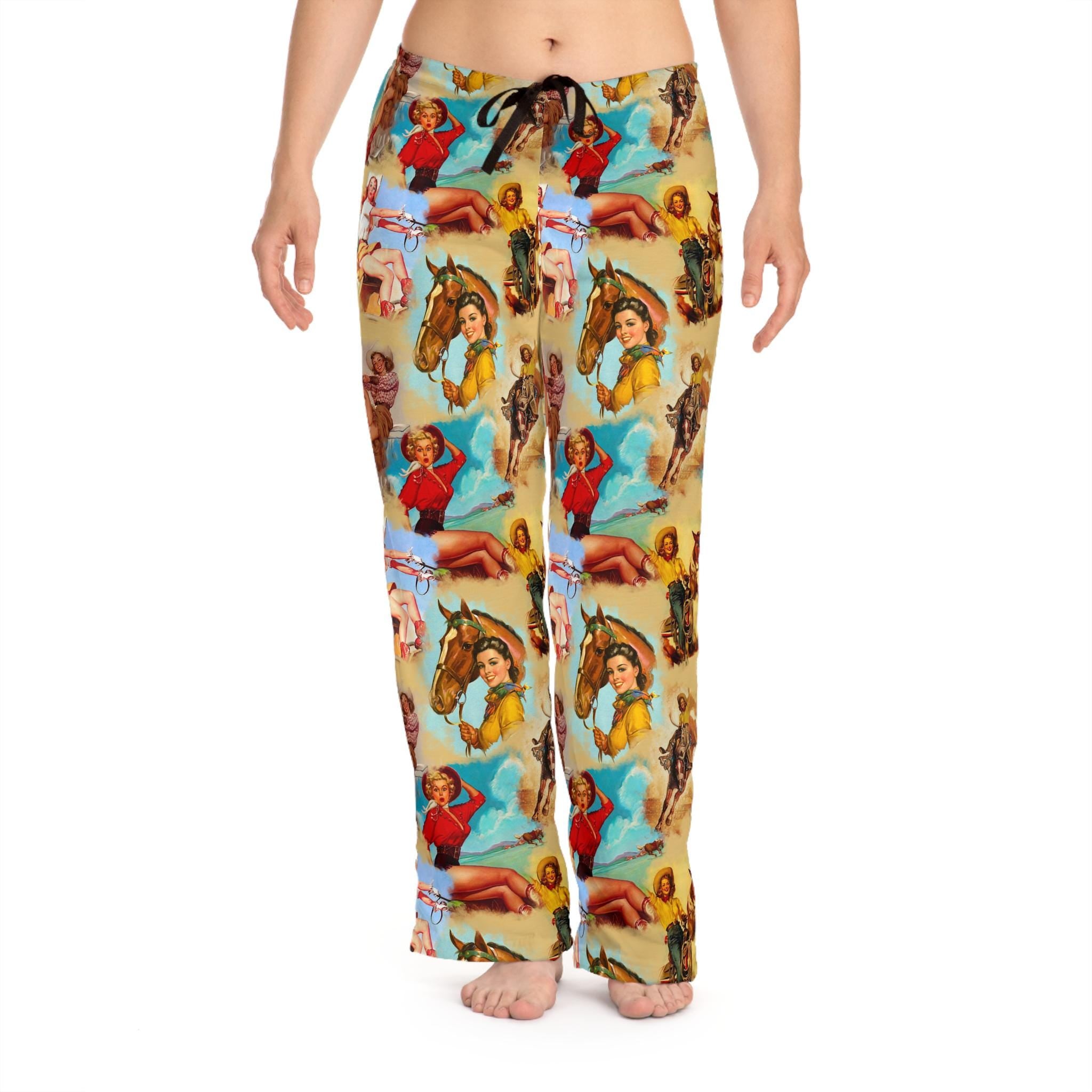 Vintage Cowgirl Womens Pajama Pants, Retro Cowgirl Montage, Cozy Loungewear, Cowgirl Birthday Gift,