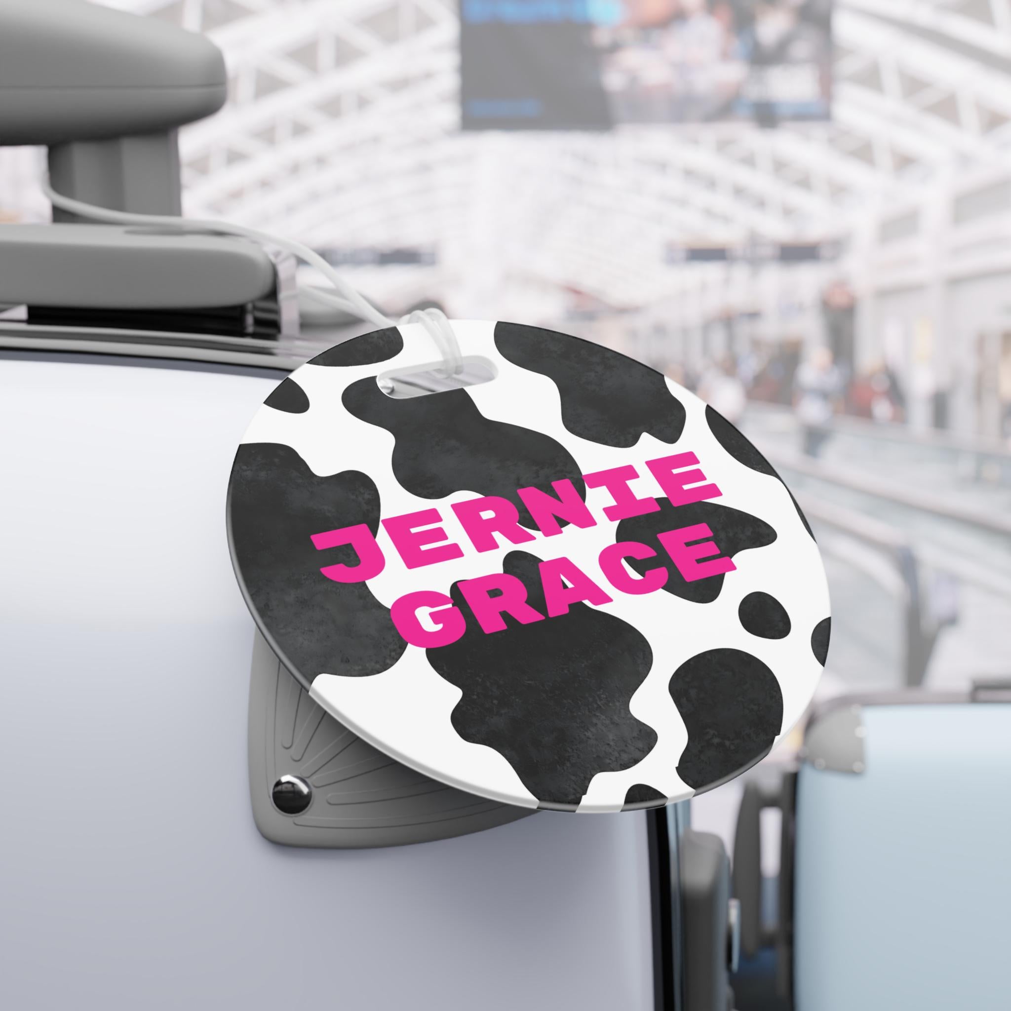 Cowprint Backpack Tag - Personalized Black & White Western Bag ID Tag with Hot Pink Name for Girls School Supplies -Razels