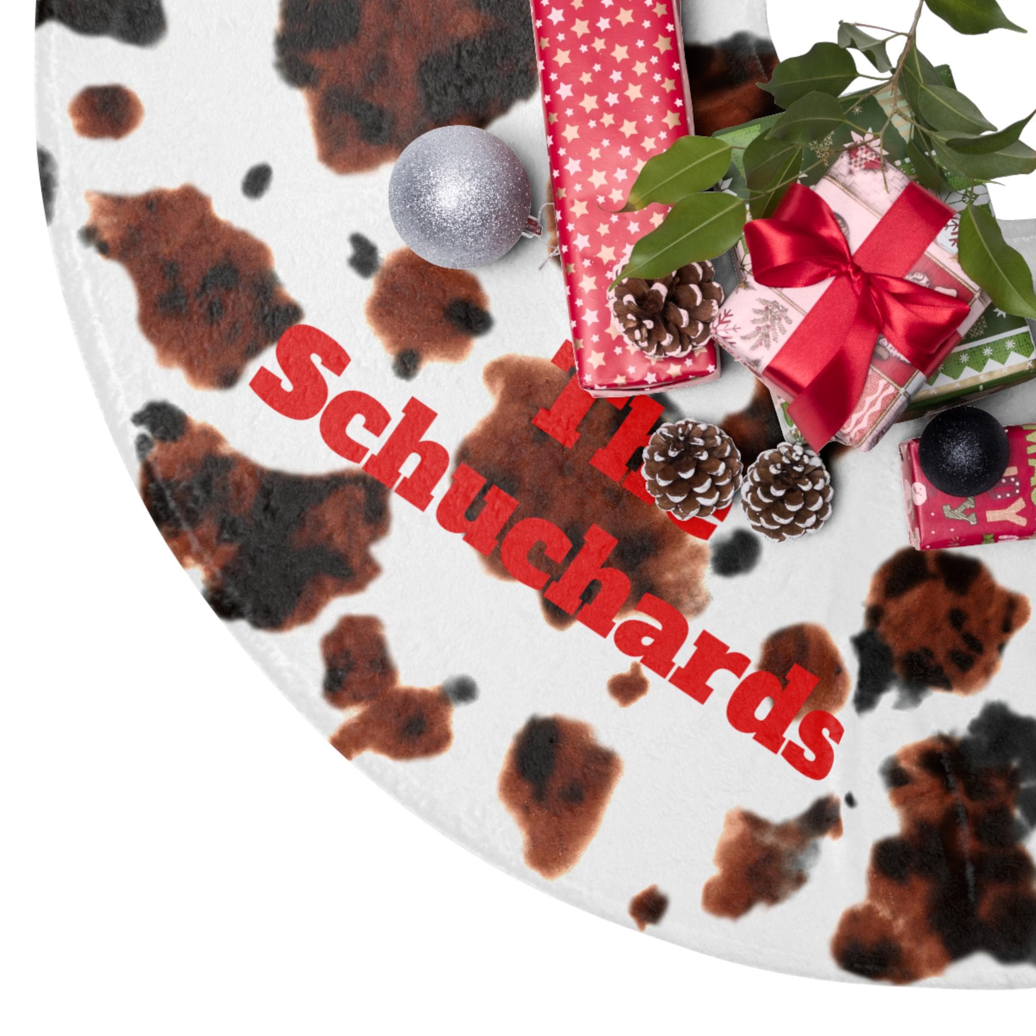 Personalized Cow Print Christmas Tree Skirt, Western Holiday Decor, Custom Rustic Christmas Skirt