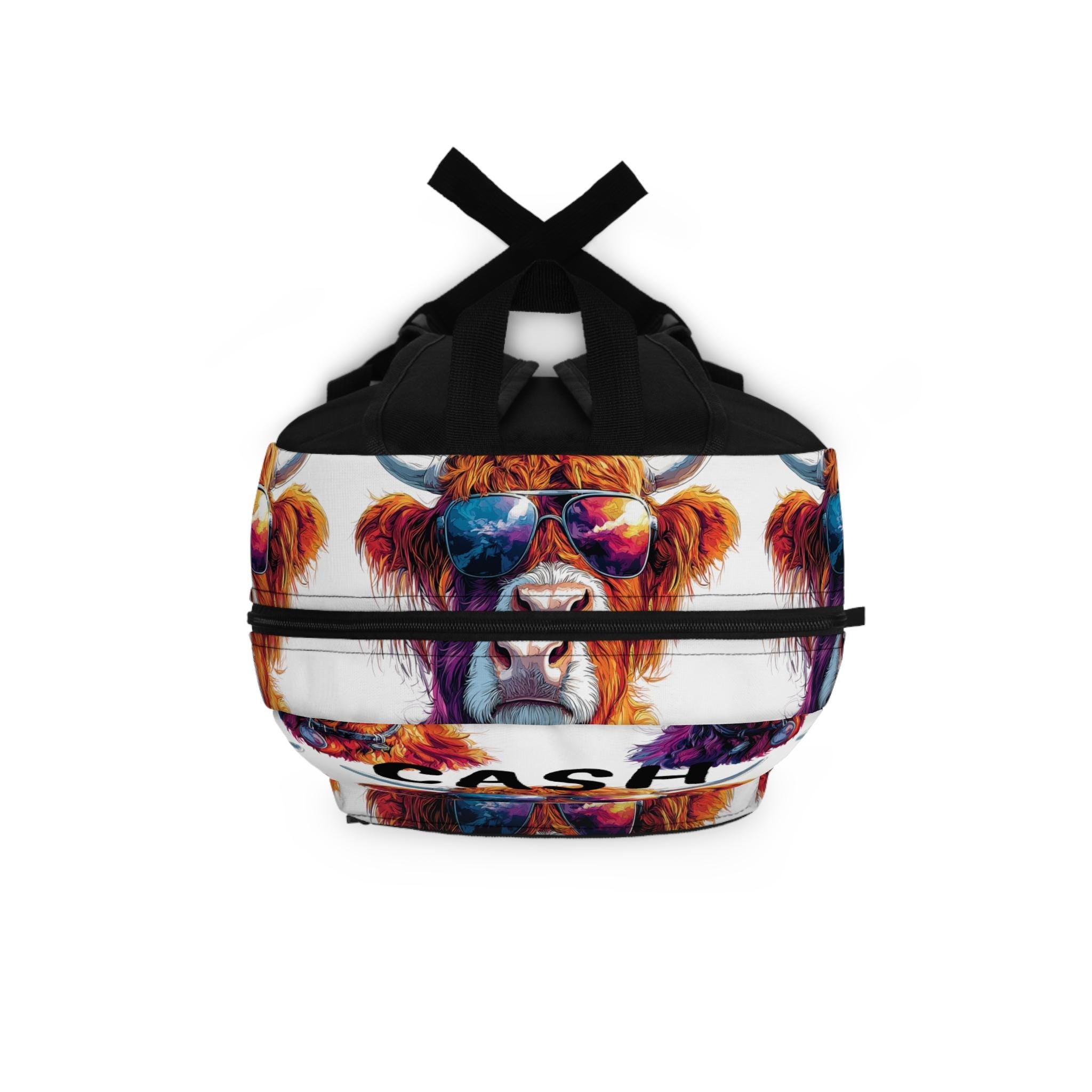 Personalized Highland Cow Backpack | Cute Sunglasses Cow, Back to School Bag for Cowgirls & Cowboys -Razels