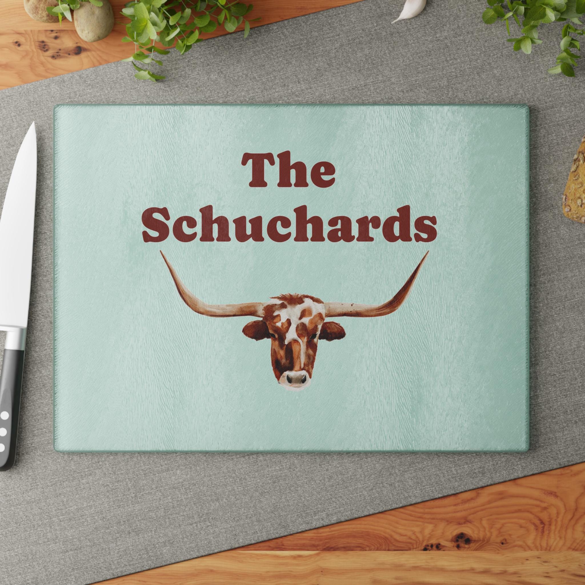 Personalized Watercolor Longhorn Cutting Board, Custom Family or Business Name | Rustic Western Kitchen Decor -Razels