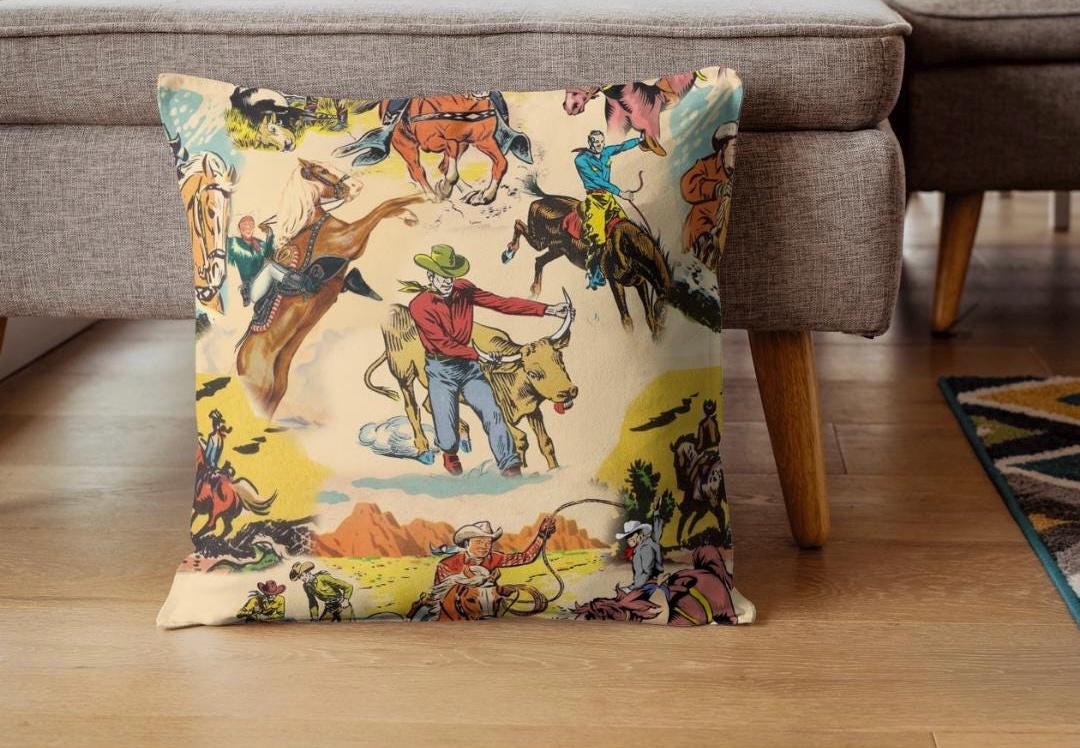 Western Cowboy Print Pillow, Rustic Home Decor
