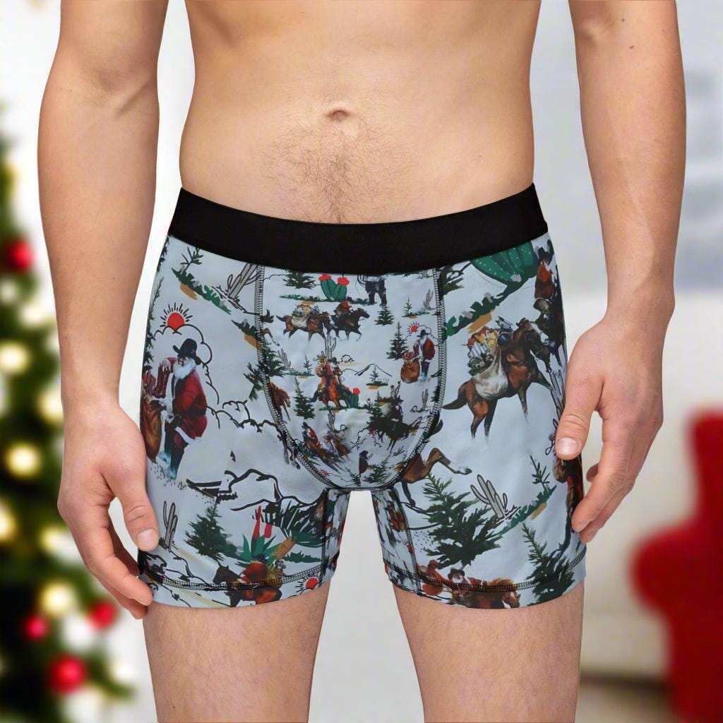 Saddle up for some serious holiday cheer! These Men’s Cowboy Santa Boxers are bringing the Christmas spirit with a bold Western twist. Featuring Cowboy Santa riding horseback (with a wild bronc or two in the mix), these festive undies are perfect for Christmas morning laughs, cozy nights in, or just spicing up your everyday basics.
✓ 92% polyester for durability and fast drying
✓ Soft elastic waistband for all-day comfort
✓ Bright, vibrant allover Cowboy Santa print
FREE SHIPPING $35+