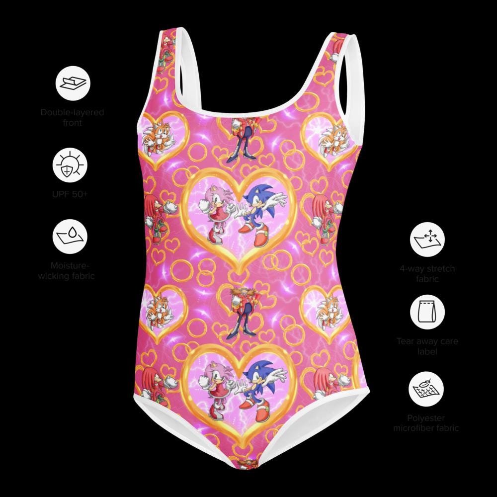 SONIC GIRL Youth Swimsuit – Pink Sonic & Friends One-Piece, UPF Protection for Big Kids -Razels