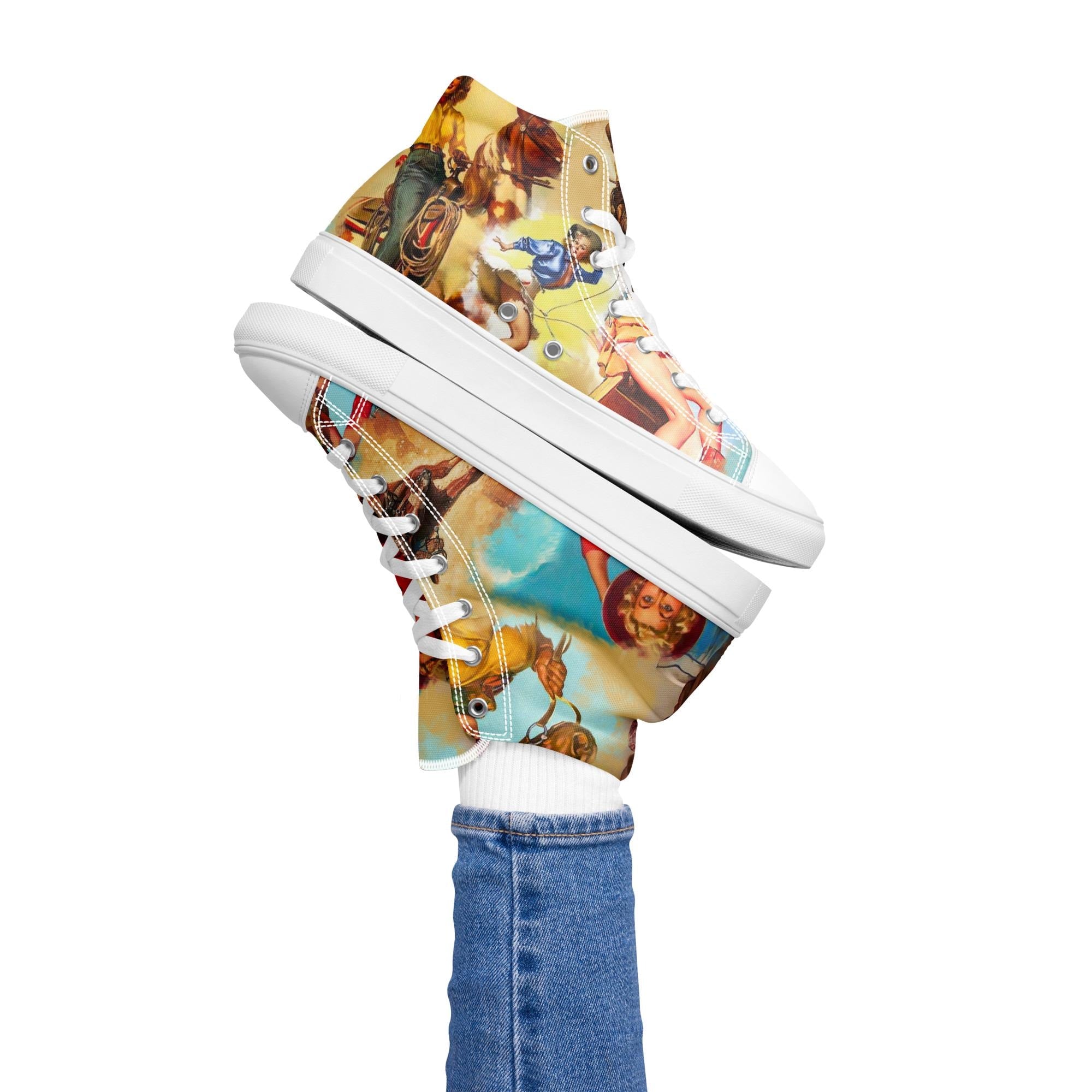 Western Shoes - Women's Vintage Cowgirl Sneakers | Retro Cowgirl Tennis Shoes .
๐ค Authentic Vintage Cowgirl Design - Classic Western artwork featuring cowgirls in action
๐ High-Top Canvas Style - Timeless silhouette with Western twist
๐ Retro Western Fashion - Perfect for rodeos, country concerts, or casual Western wear
๐ช All-Day Comfort - Soft insole and breathable lining for comfortable wear
๐จ Coordinated Details - Matching soles and laces for polished Western look