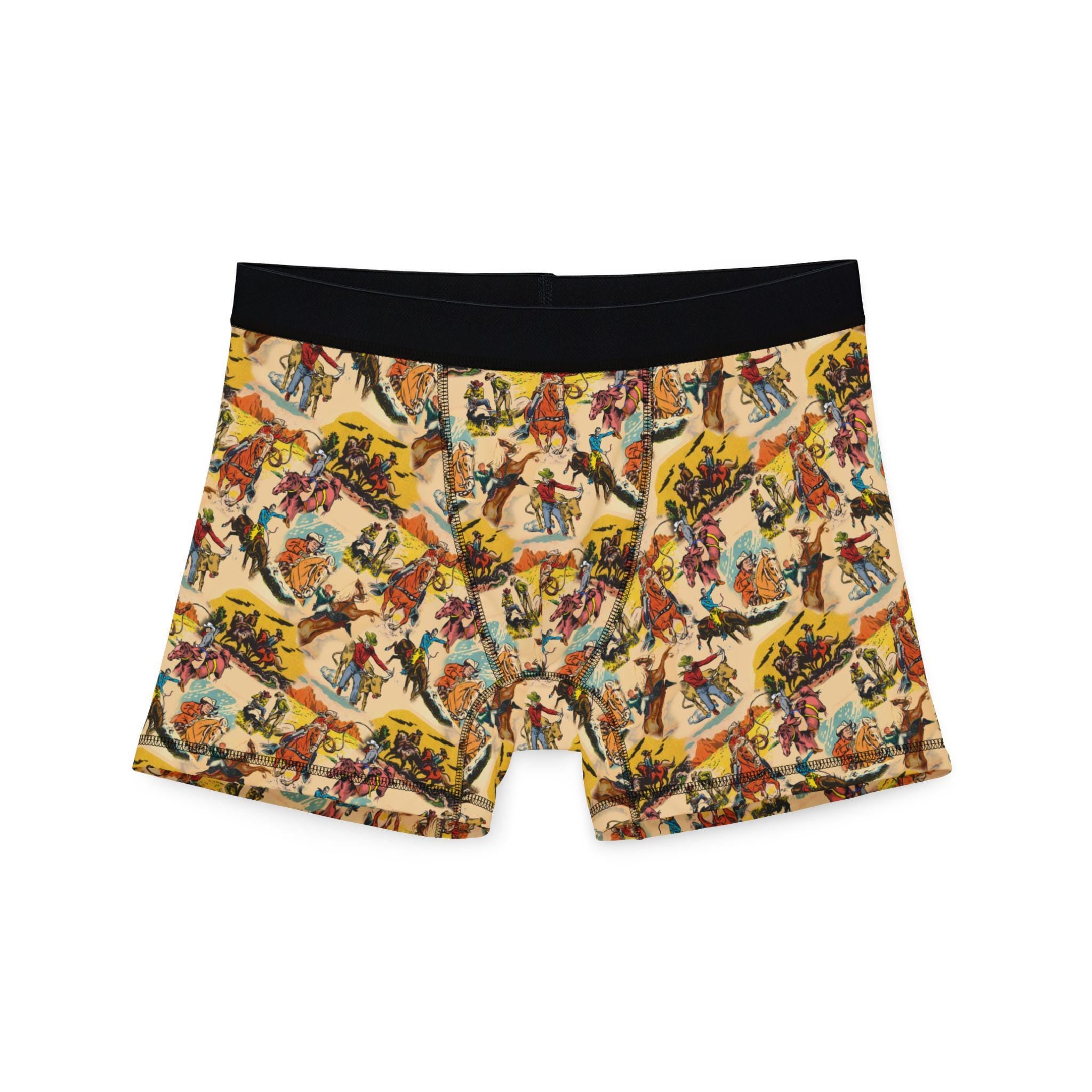 Retro Cowboy Men's Boxers, Vintage Western Underwear, Cowboy Print Sleep Shorts, Western Style Boxers -Razels