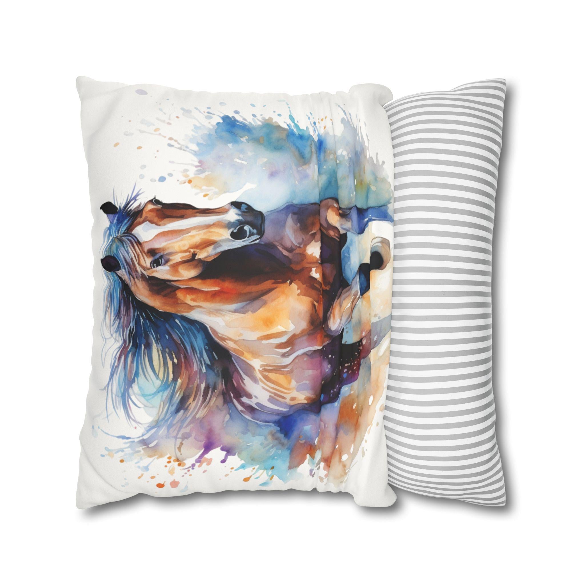 Watercolor Horse Pillow Cover, Faux Suede Equestrian Cushion Case, Horse Lover Gift, Horse Girl Room Decor -Razels