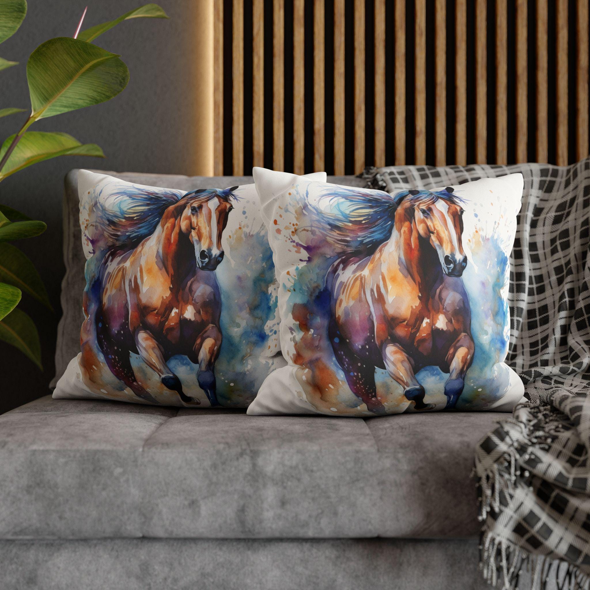 Watercolor Horse Pillow Cover, Faux Suede Equestrian Cushion Case, Horse Lover Gift, Horse Girl Room Decor -Razels