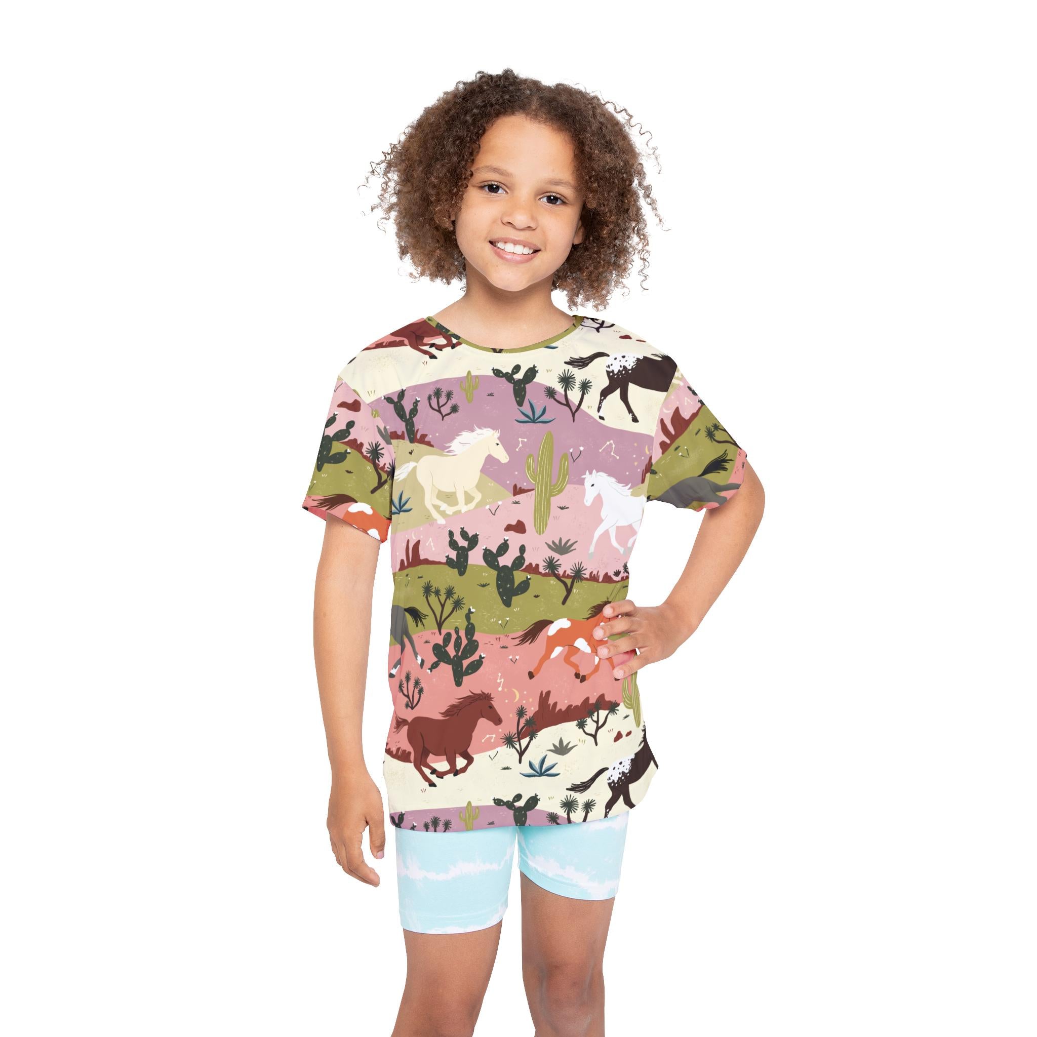 Kids Horse-Themed Sports Jersey, Allover Nature Print, Fun Equestrian Shirt, Gift for Horse-Loving Kids -Razels