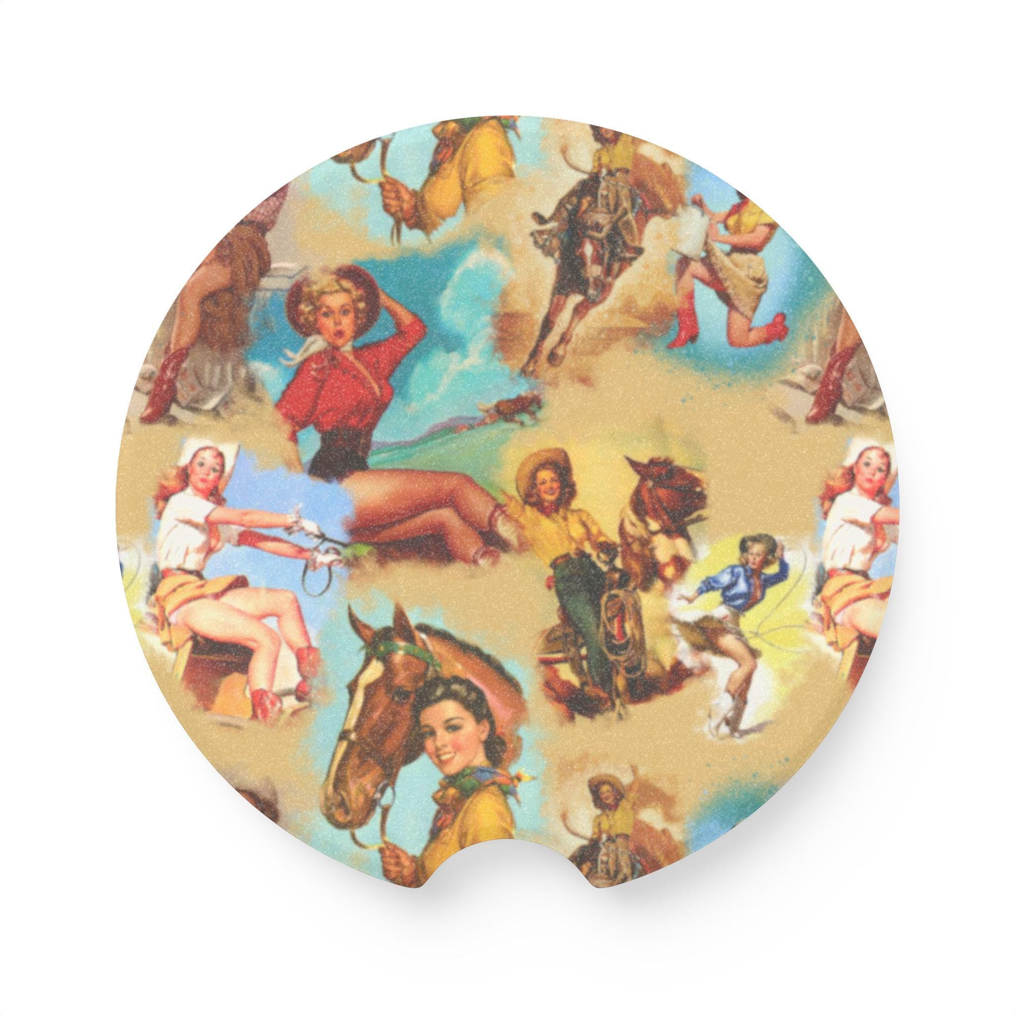 Vintage Cowgirl Car Coaster, Western Soapstone Coaster for Cup Holders | Retro Stocking Stuffer Gift for Cowgirls -Razels