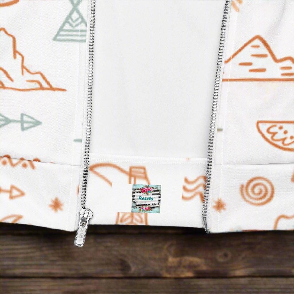 Western Motif Bomber Jacket – Beige & White Cowgirl Jacket with Cowboys, Cactus -Razels