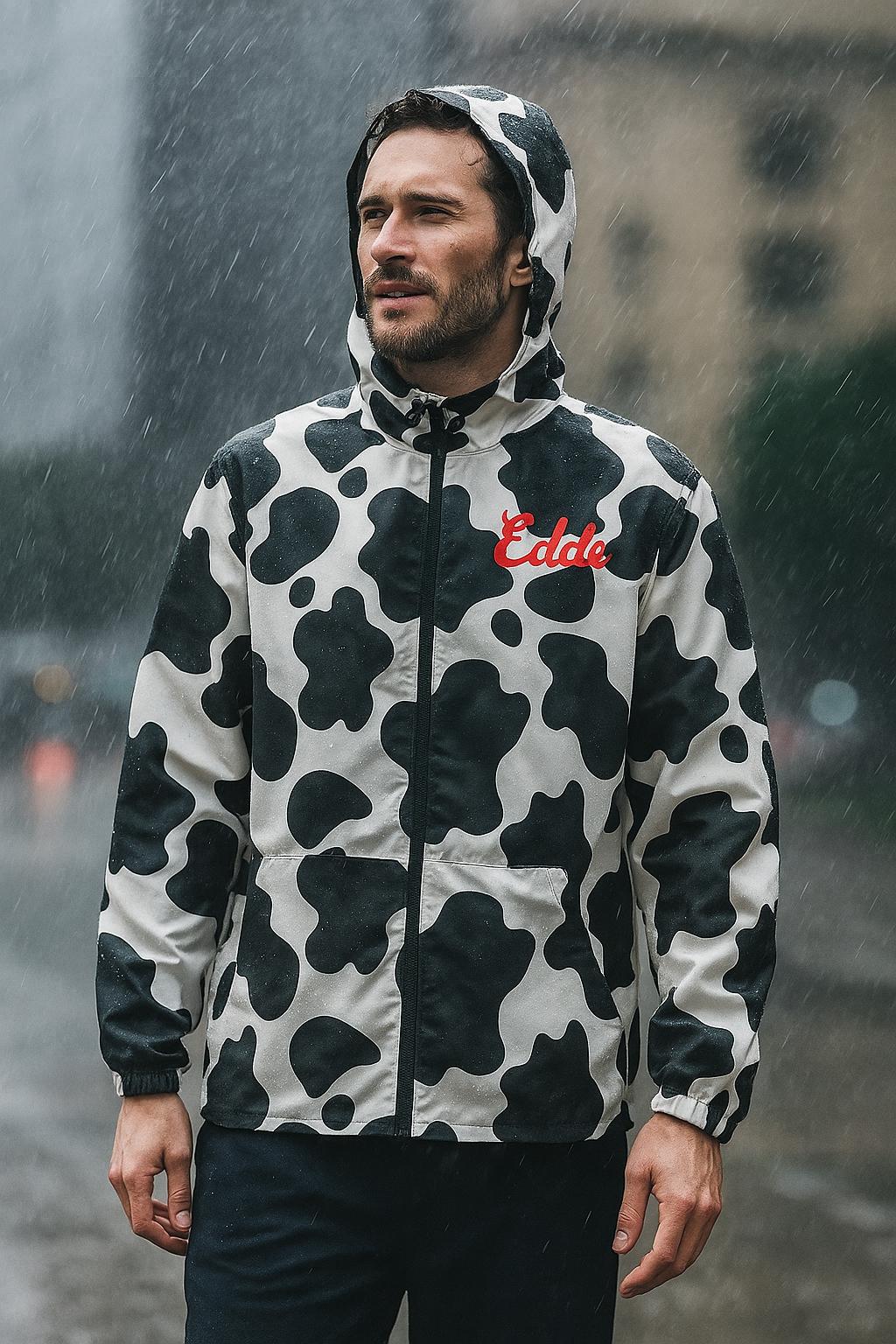 cowprint rain wind jacket, custom jacket, personalized cow jacket â 100% polyester with water- and wind-resistant properties
â Lightweight fabric:
â Full front zipper
â Elastic cuffs for a secure fit
â Two roomy front pockets for on-the-go convenience
â Sewn-in label
â Unisex fit â runs small, consider sizing up
â Made in the USA