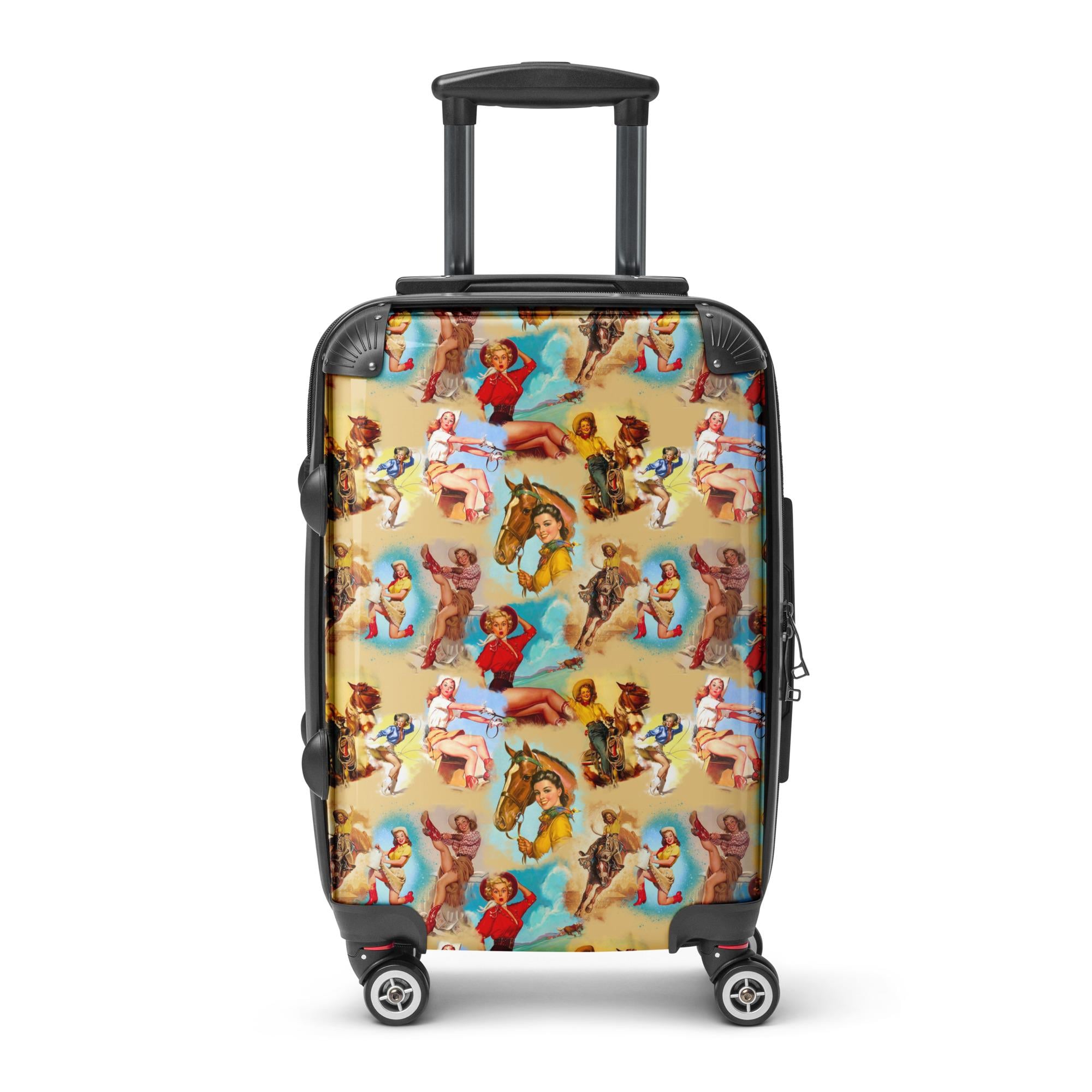 This suitcase isn’t just cute—it’s built tough and ready to roll. The hard shell keeps your essentials protected, while the 360° wheels make airport dashes feel smooth as a line dance.
✓ Retro cowgirl design with bold vintage vibes
✓ 100% polycarbonate front + black ABS back for ultimate durability
✓ Built-in safety lock to keep your treasures secure
✓ Smooth-glide 360° double wheels
✓ Interior features 2 inner pockets for easy organization