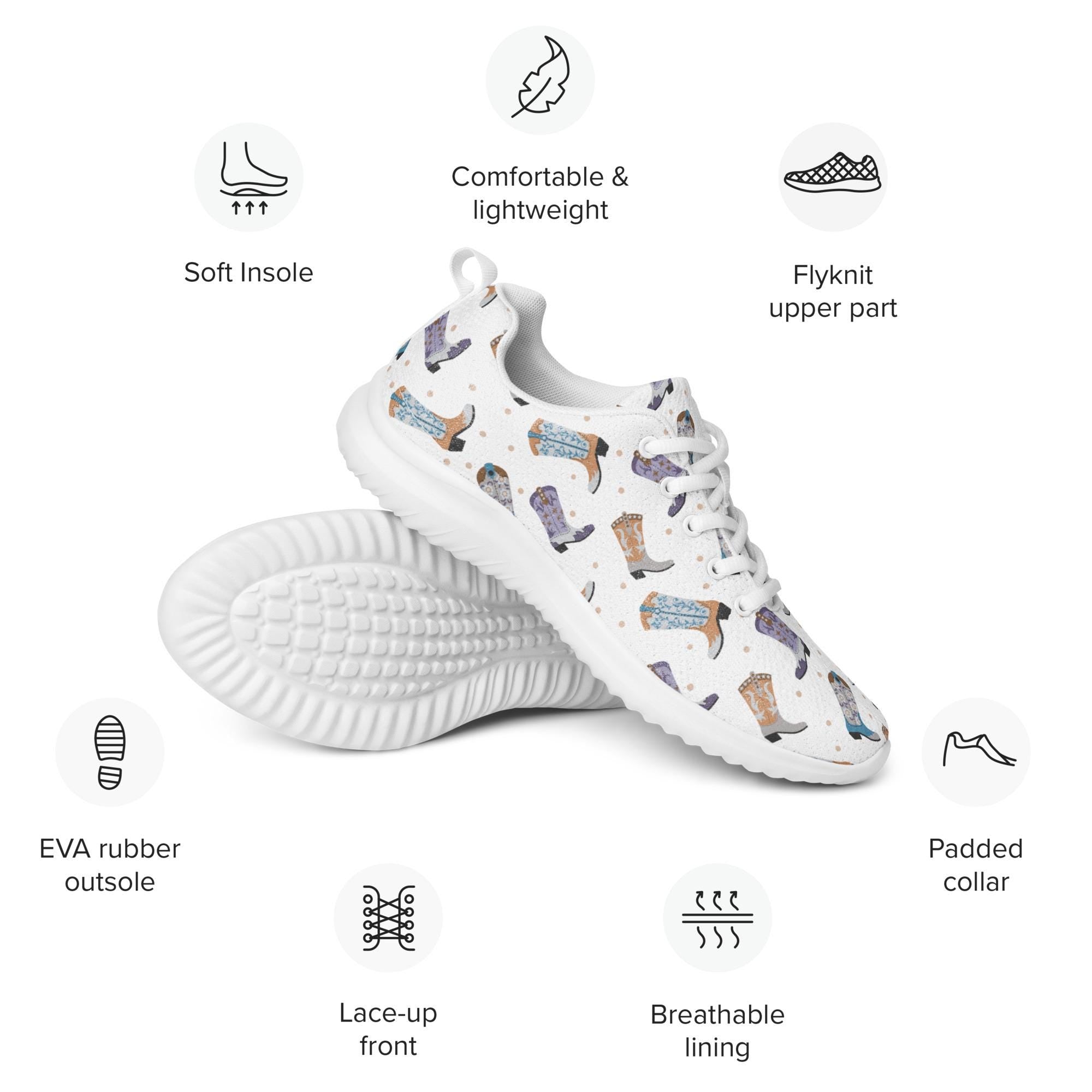 Cowboy Boot Athletic Sneakers | Western Lace-Up Shoes | Lightweight Flyknit Sneakers | Cowgirl Walking Shoes