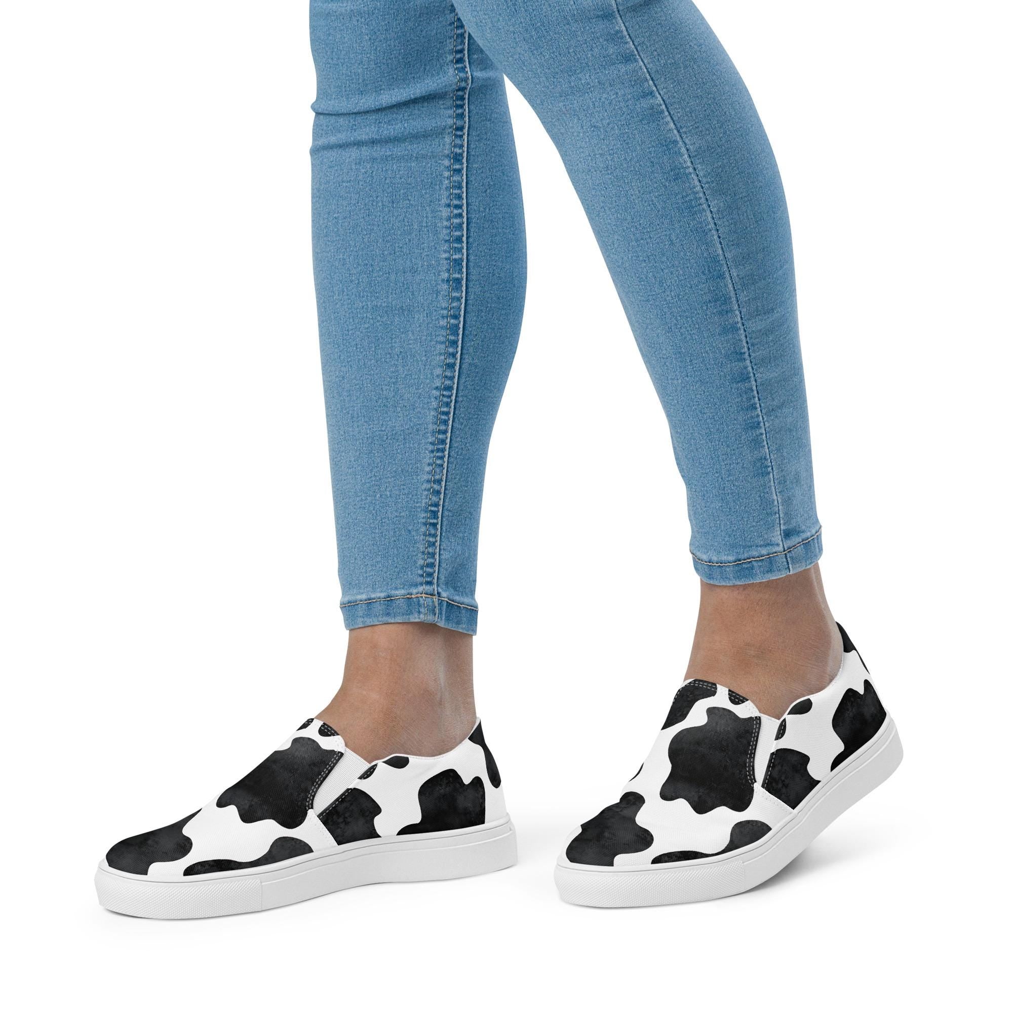 Cowprint Slip-On Shoes | Black and White Canvas Cowgirl Sneakers | Western Casual Shoes for Women