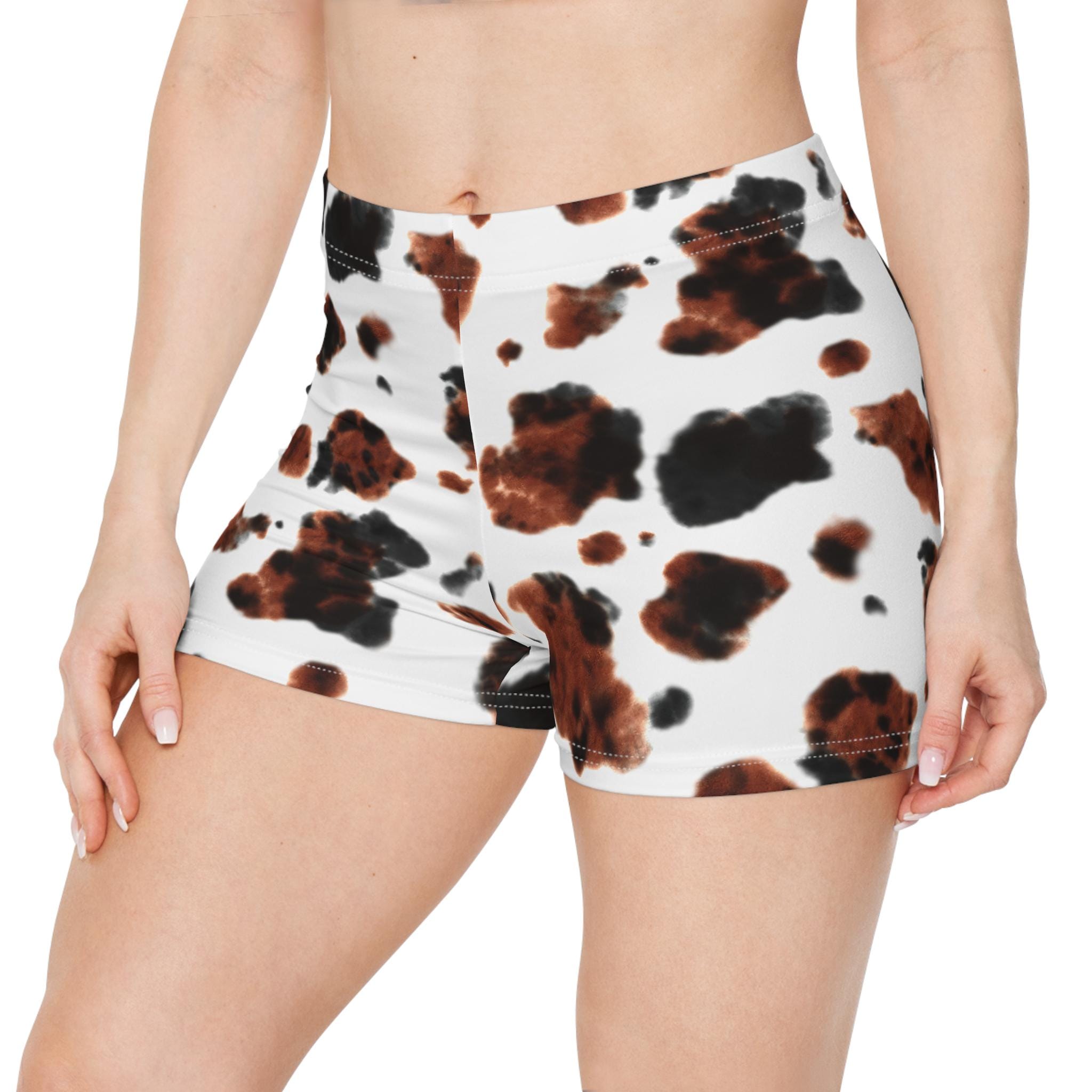 Brown Cow Print Booty Shorts | Womens Western Summer Active Lounge Shorts -Razels